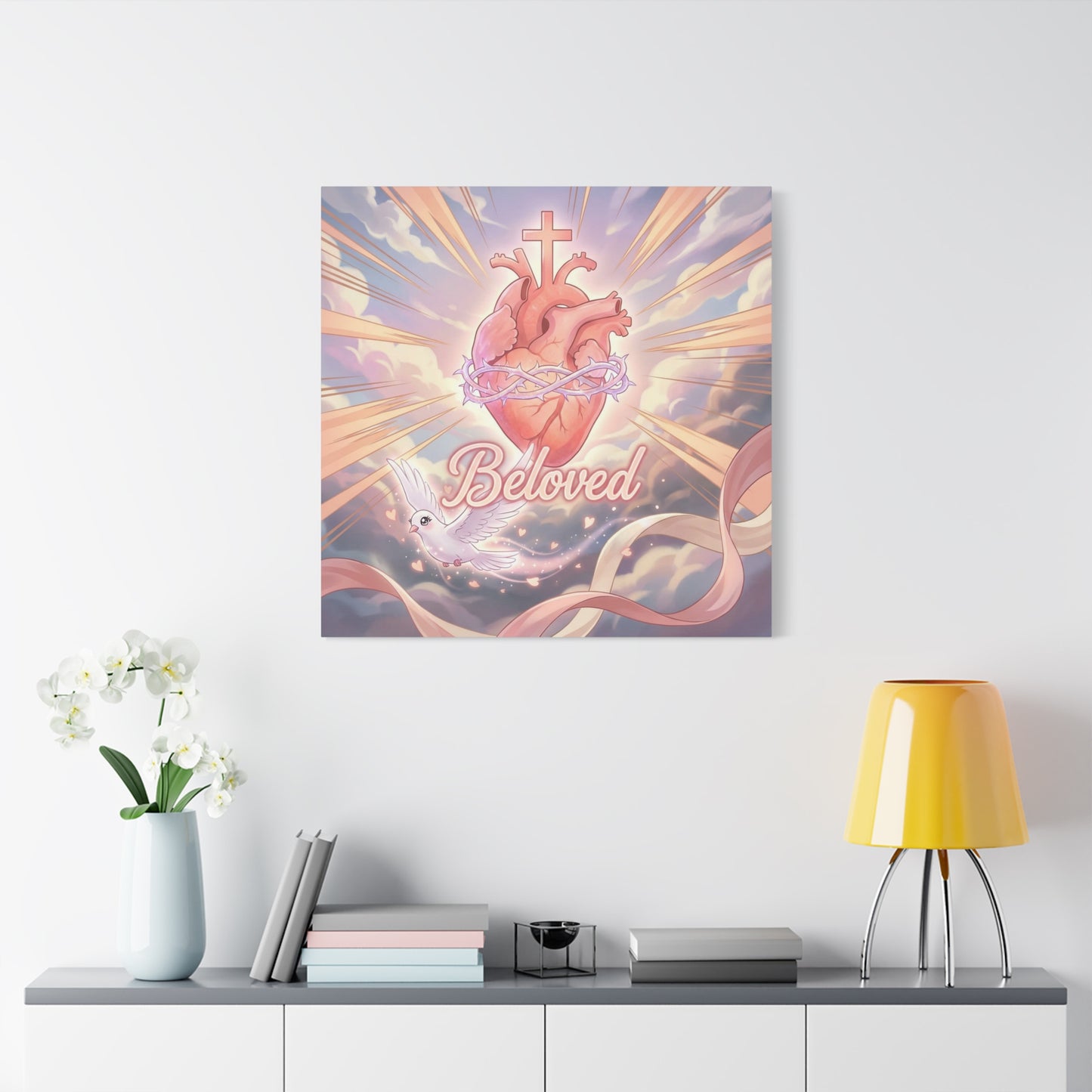 "Beloved" Sacred Heart Canvas Wall Art - Cross, Dove, Crown Of Thorns Christian Decor - Pink Pastel Religious Print - Inspirational Bedroom Home Decoration, Living Room Wall Decor - Ready to Hang