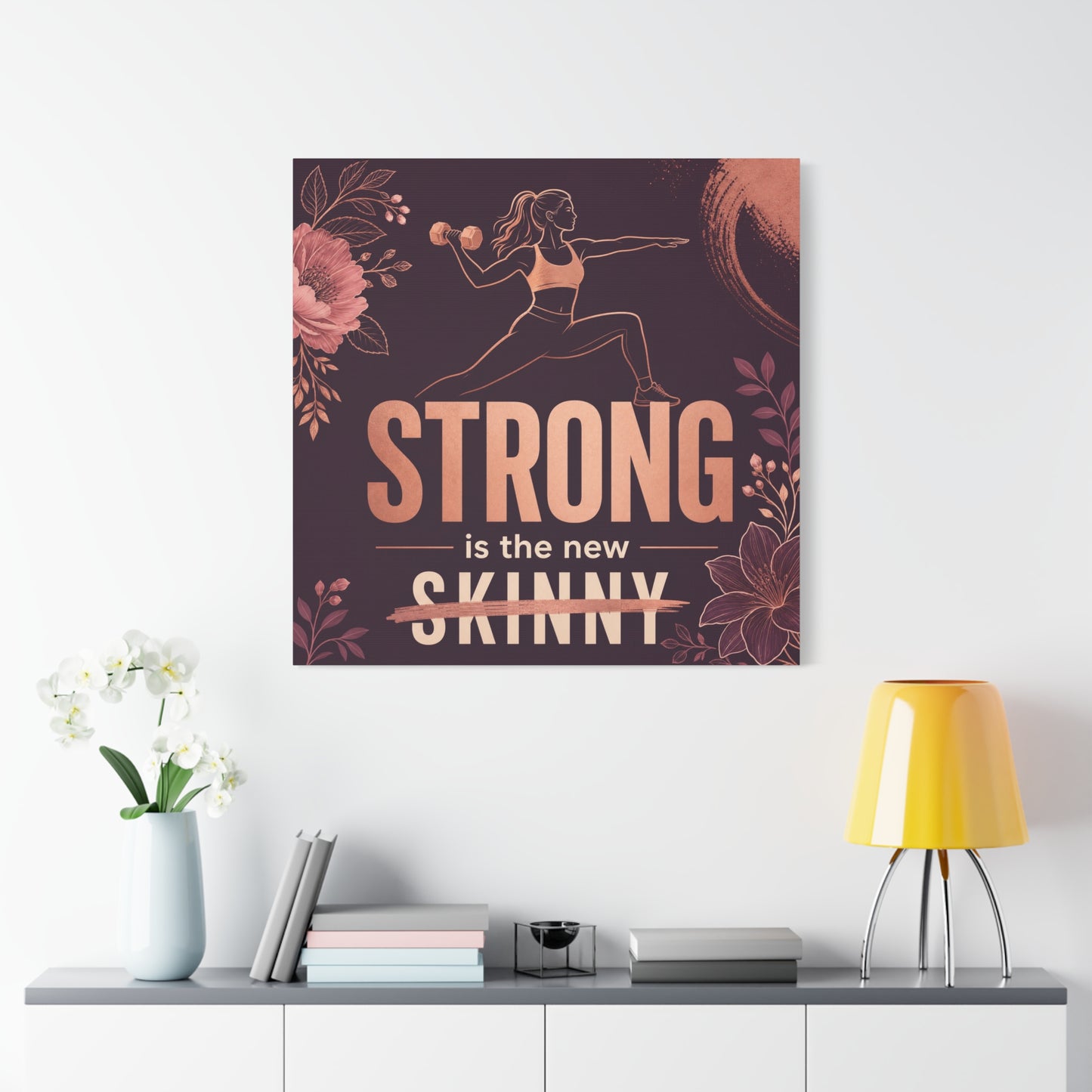 "Strong Is The New Skinny" Fitness Canvas Wall Art - Woman With Dumbbell Floral Quote Print - Rose Gold Motivational Decor - Modern Bedroom Wall Decor - Bedroom Home Decoration - Cozy Reading Nook Art