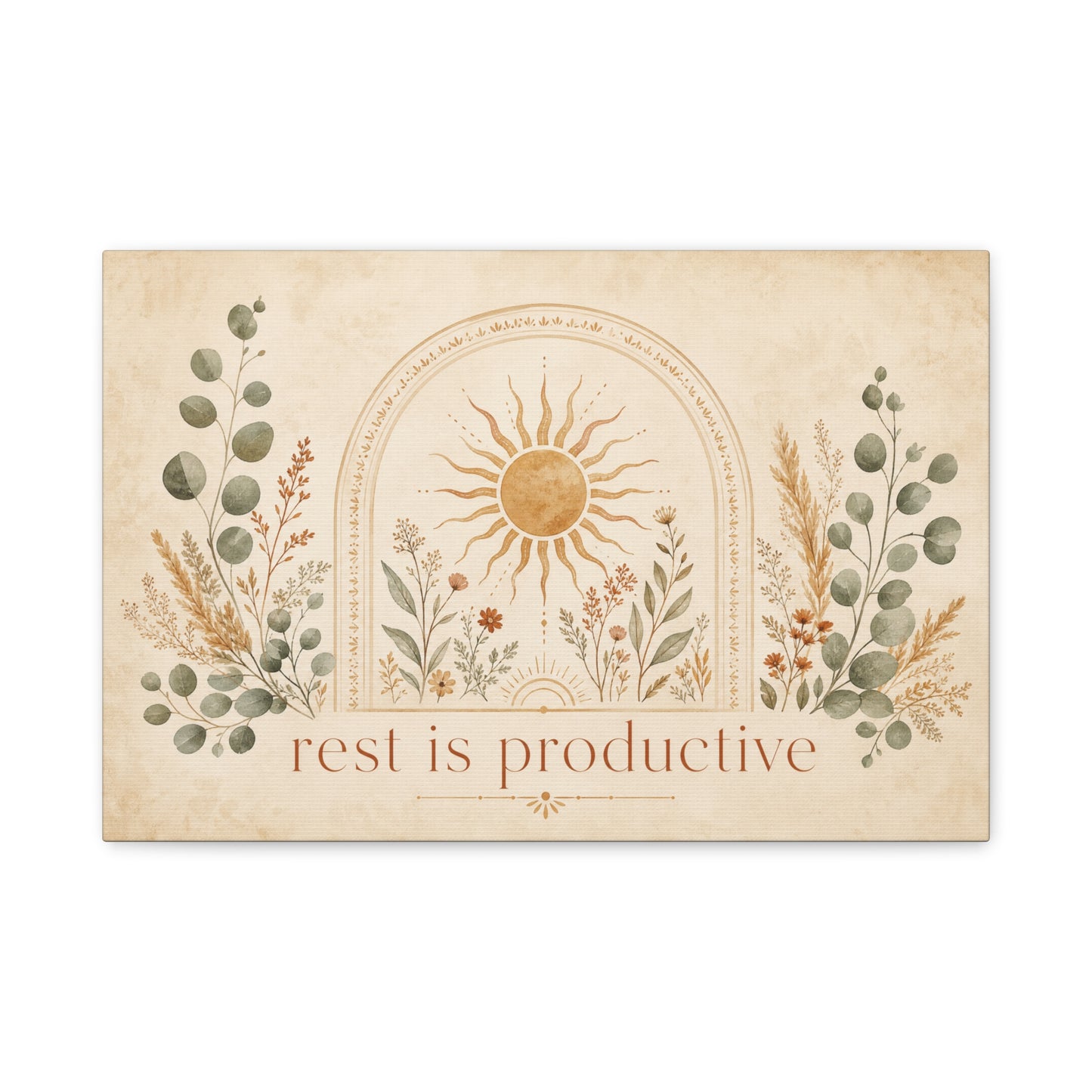 "Rest Is Productive" Inspirational Canvas Wall Art - Boho Sun And Botanical Arch Print - Neutral Typography Decor - Bedroom Living Room Decoration - Office Wall Art - Bedroom Home Decoration