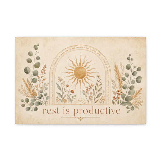 "Rest Is Productive" Inspirational Canvas Wall Art - Boho Sun And Botanical Arch Print - Neutral Typography Decor - Bedroom Living Room Decoration - Office Wall Art - Bedroom Home Decoration
