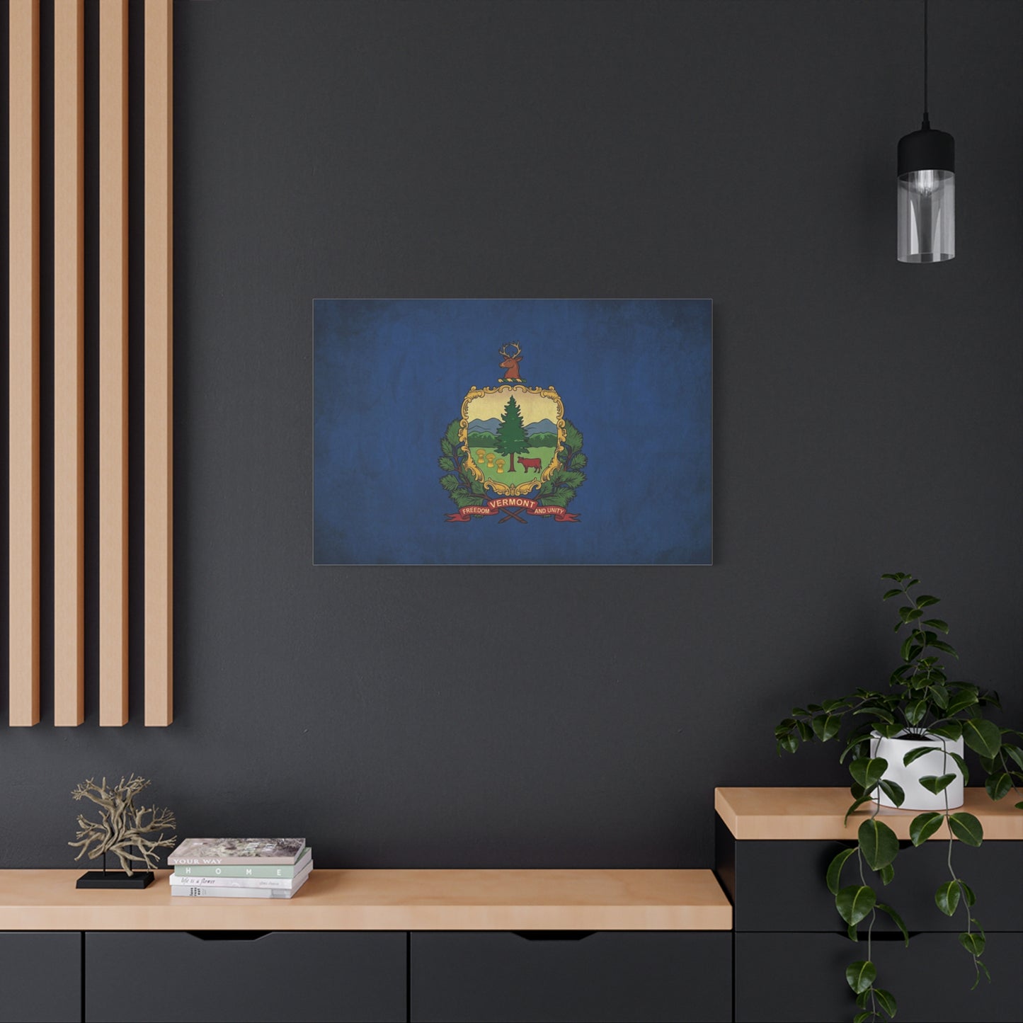 "VERMONT" State Flag Canvas Wall Art - Freedom And Unity Deer Crest Print - Vintage Blue Banner, Rustic Americana Style - Living Room Wall Decor, Office Decoration - Ready to Hang - Ready to Hang