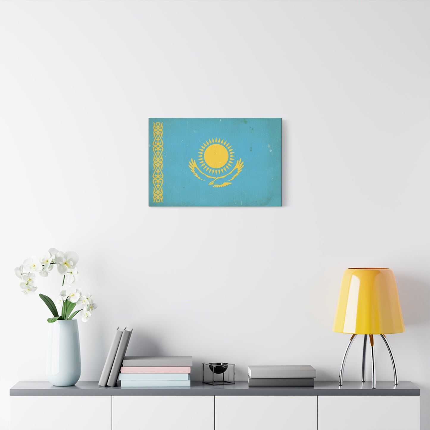 Kazakhstan Flag Canvas Wall Art - Blue And Gold Sun Eagle Emblem, Vintage Nation Print - Matte Cotton Artwork, Patriotic Living Room Wall Decor, Office Art Accent Style - Bedroom Home Decoration