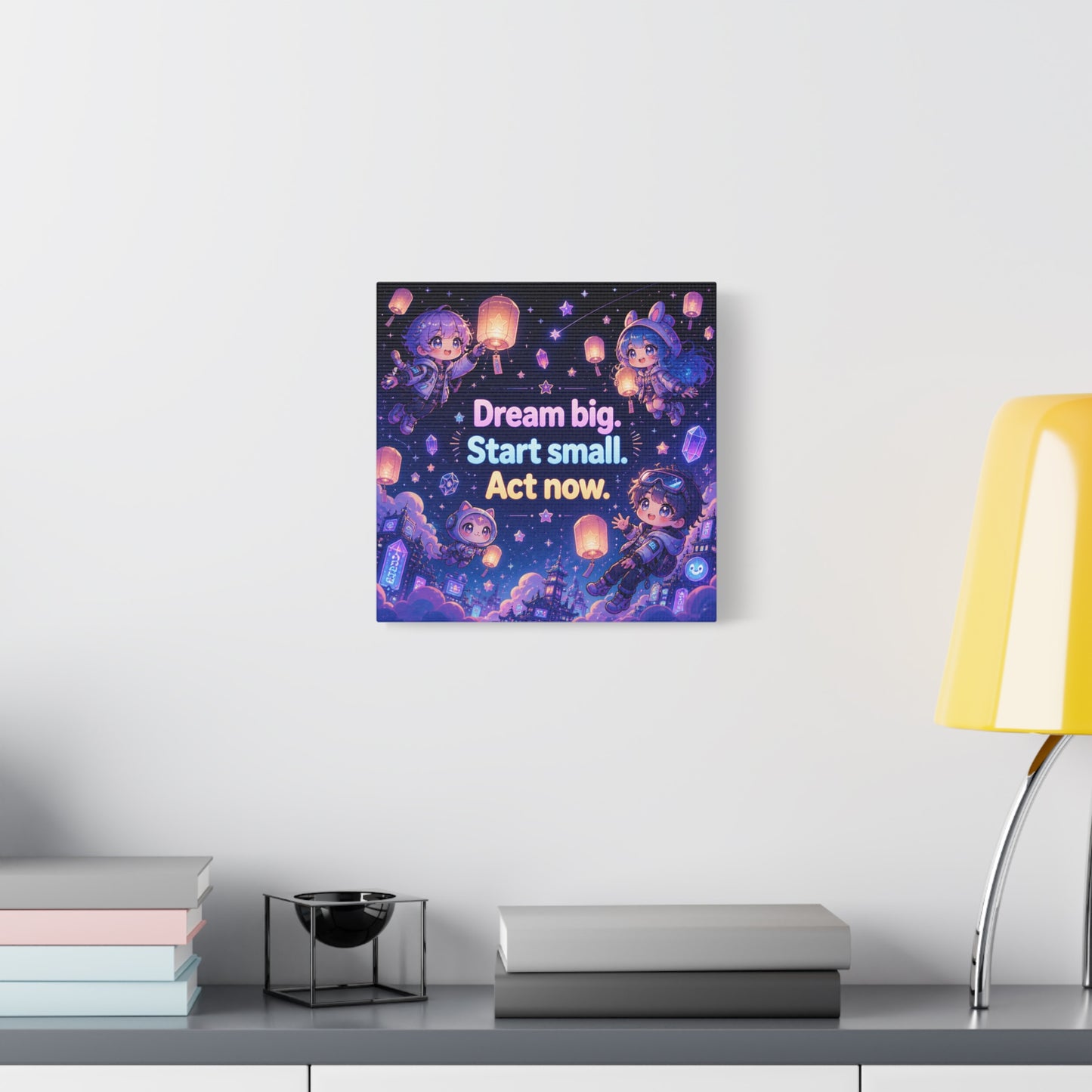 "Dream Big. Start Small. Act Now." Inspirational Canvas Wall Art - Kawaii Space Kids, Star Lantern Night Sky Quote Print - Neon Purple Blue Decor, Bedroom Home Decoration, Teen Room Accent