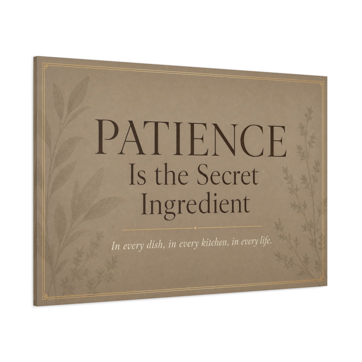 "Patience Is The Secret Ingredient" Kitchen Canvas Wall Art - Neutral Typography Print, Farmhouse Style - Beige Botanical Quote Decor - Dining Room, Kitchen Wall Hanging - Bedroom Home Decoration