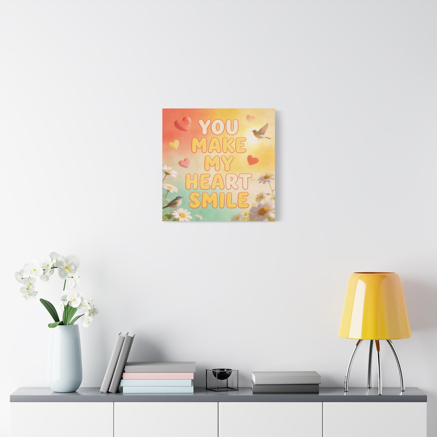 "You Make My Heart Smile" Inspirational Canvas Wall Art - Daisy And Songbird Quote Print, Pastel Typography Decor, Cheerful Bedroom Wall Hanging, Nursery Home Accent - Bedroom Home Decoration