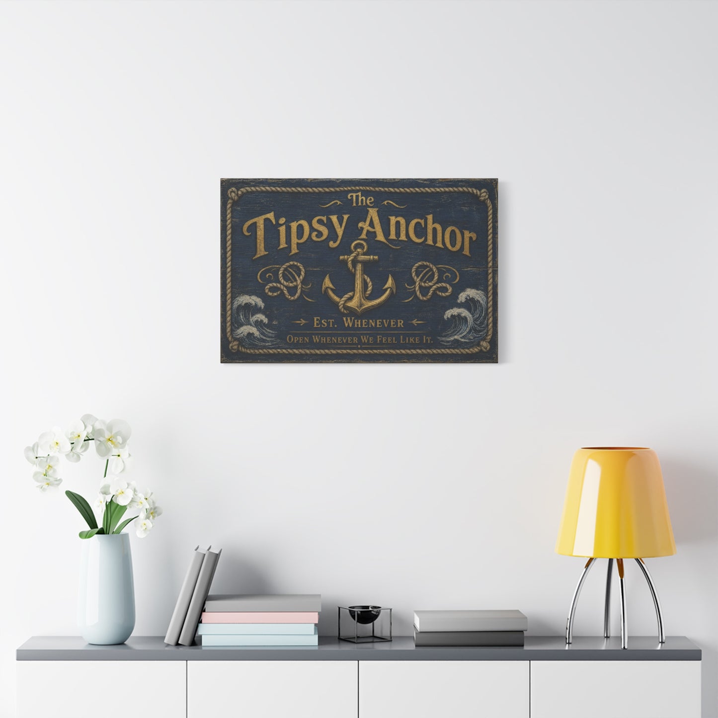 "The Tipsy Anchor" Canvas Wall Art - "Est. Whenever Open Whenever We Feel Like It." Nautical Anchor Sign, Vintage Coastal Wall Decor, Rustic Navy Gold Typography For Bar - Ready to Hang