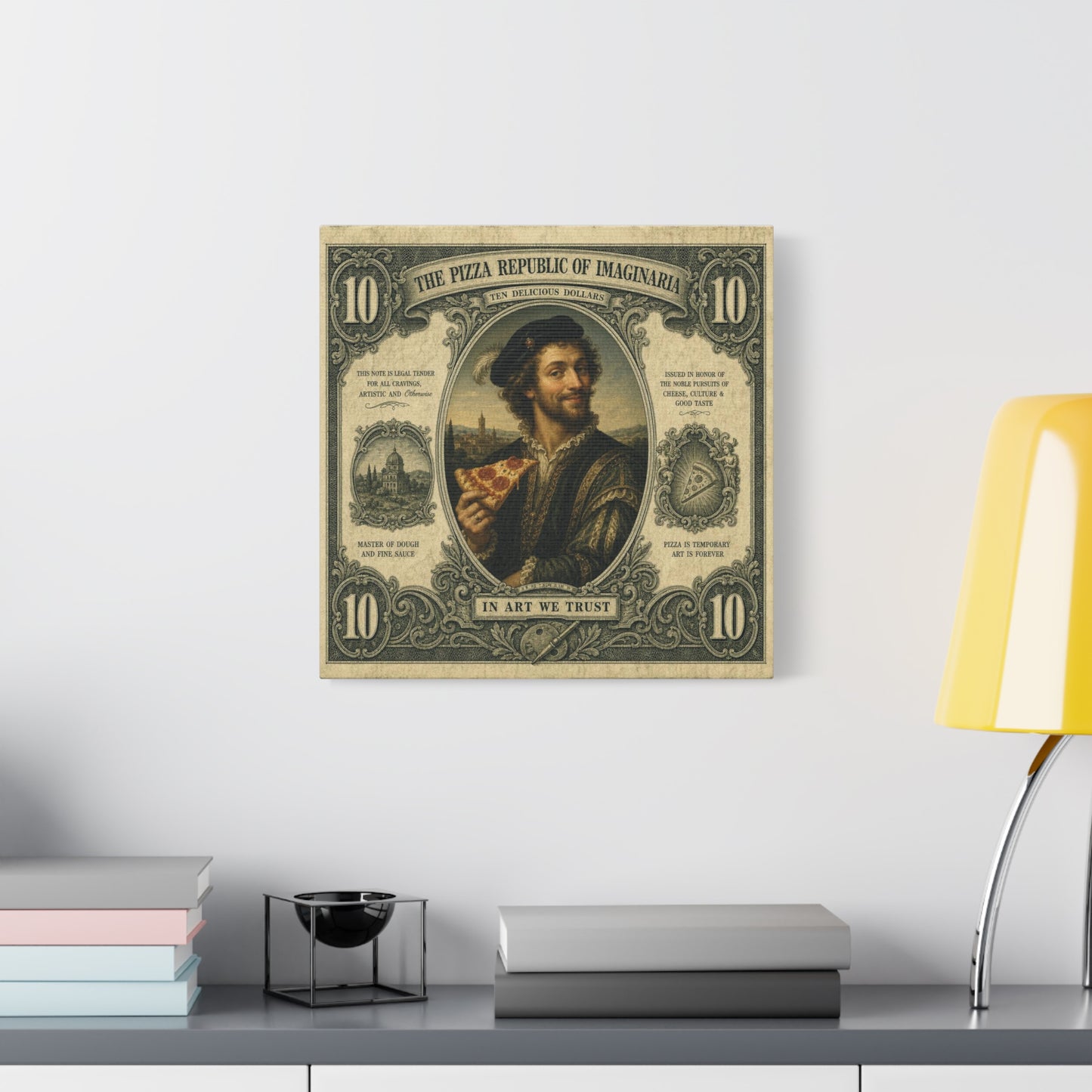 "The Pizza Republic Of Imaginaria" Canvas Wall Art - Vintage Typography Portrait Print, Renaissance Pizza Note Design, Eclectic Office Wall Decor, Cafe Wall Art, Humor Canvas - Reception Area Decor