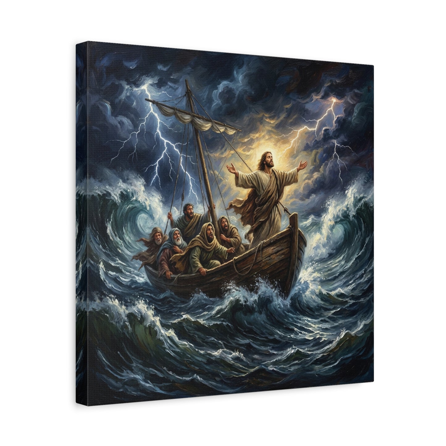 Jesus Calming The Storm Canvas Wall Art - Bible Boat Sea Scene, Dramatic Lightning Waves - Cotton Matte Print - Traditional Religious Decor For Living Room Office Bedroom - Living Room Wall Decor
