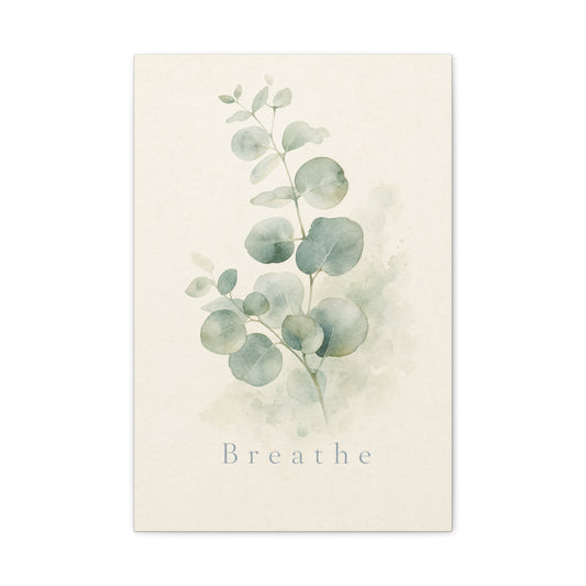 "Breathe" Eucalyptus Canvas Wall Art - Minimalist Botanical Sage Green Wall Decor - Watercolor Leaf Home Decoration - Bedroom Bathroom Spa Style - Calm Nature Print For Living Room - Ready to Hang
