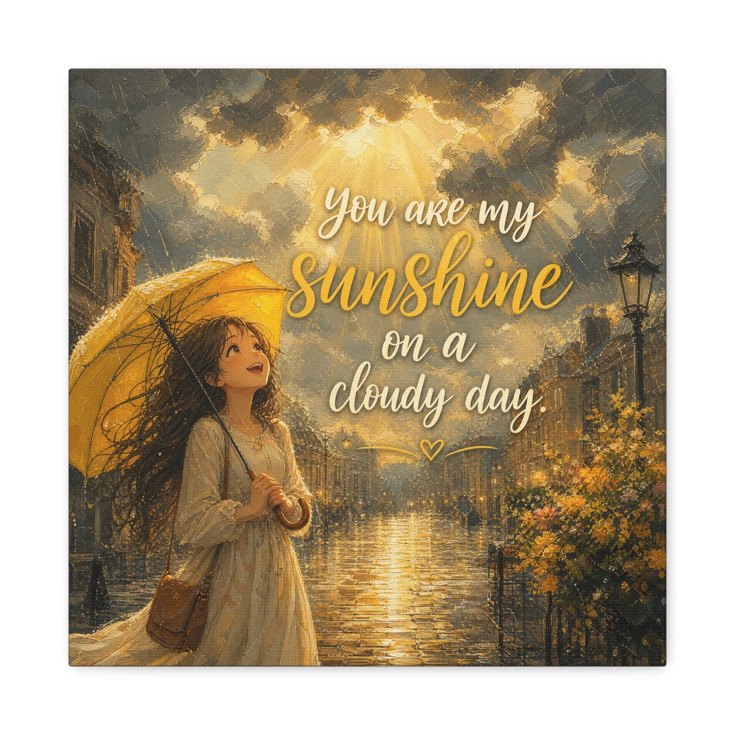 "You Are My Sunshine On A Cloudy Day" Canvas Wall Art - Girl With Yellow Umbrella Quote Print - Golden Rainy Street Painting, Inspirational Decor - Bedroom Home Decoration - Living Room Wall Decor