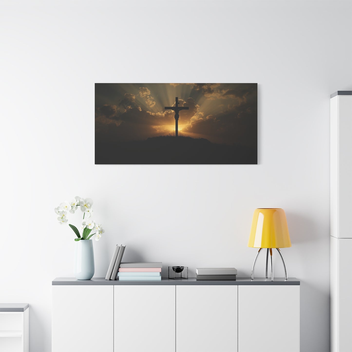 Jesus Christ Crucifix Canvas Wall Art - Sunset Cross Silhouette, Golden Sky Rays - Matte Cotton Print - Religious Christian Decor For Living Room, Bedroom, Office Wall Display - Modern Farmhouse Style