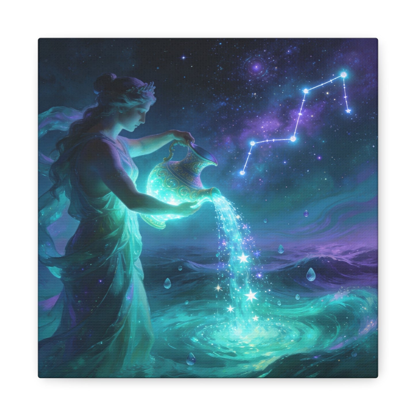 Aquarius Goddess Canvas Wall Art - Zodiac Water Bearer Celestial Galaxy Illustration - Mystical Purple Blue Fantasy Decor - Bedroom Home Decoration, Living Room Wall Decor - Bedroom Home Decoration