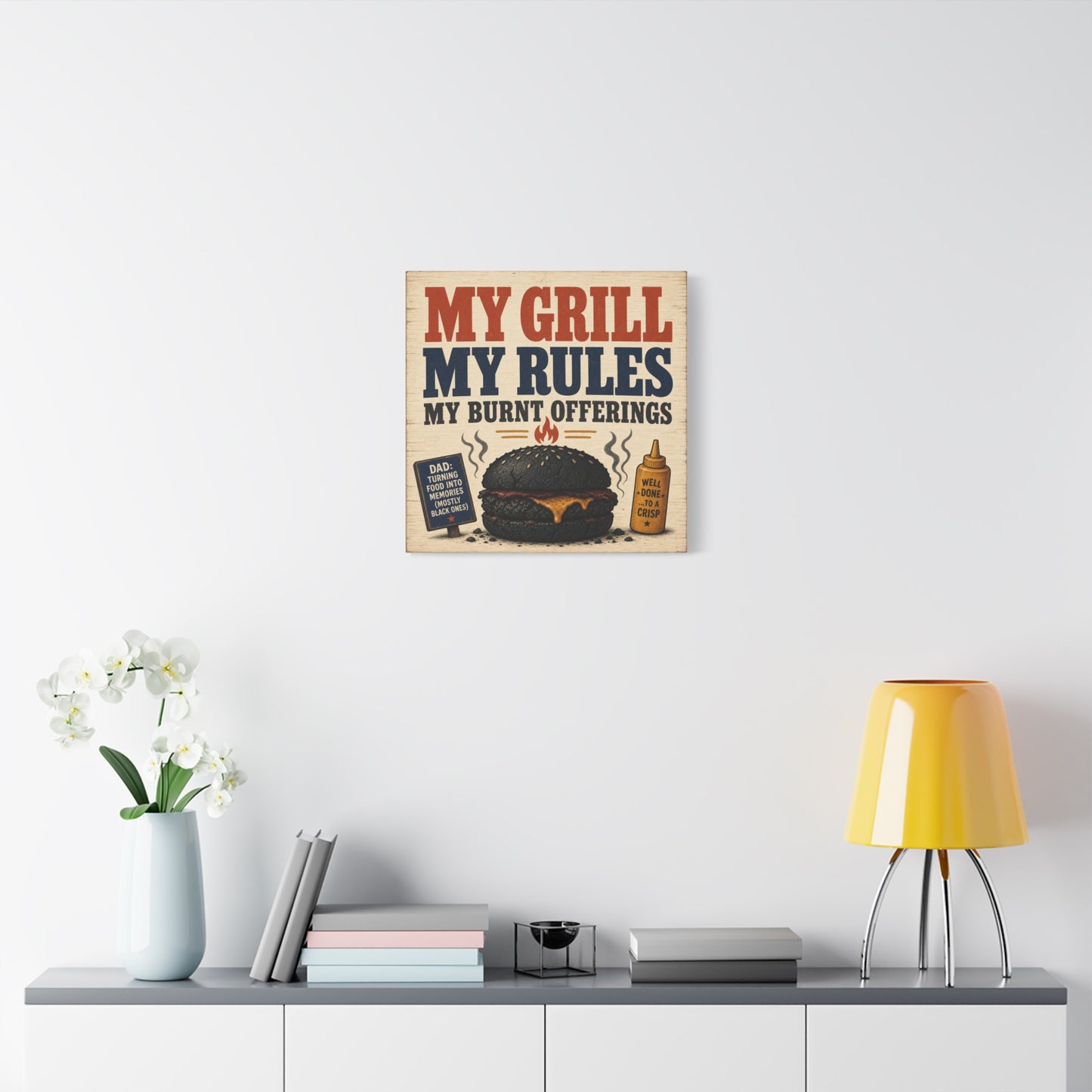 "My Grill My Rules My Burnt Offerings" Funny BBQ Canvas Wall Art - Burnt Burger Grill Sign, Rustic Farmhouse Kitchen Decor, Patriotic Red Blue Typography Print - Man Cave Wall Decor - Ready to Hang