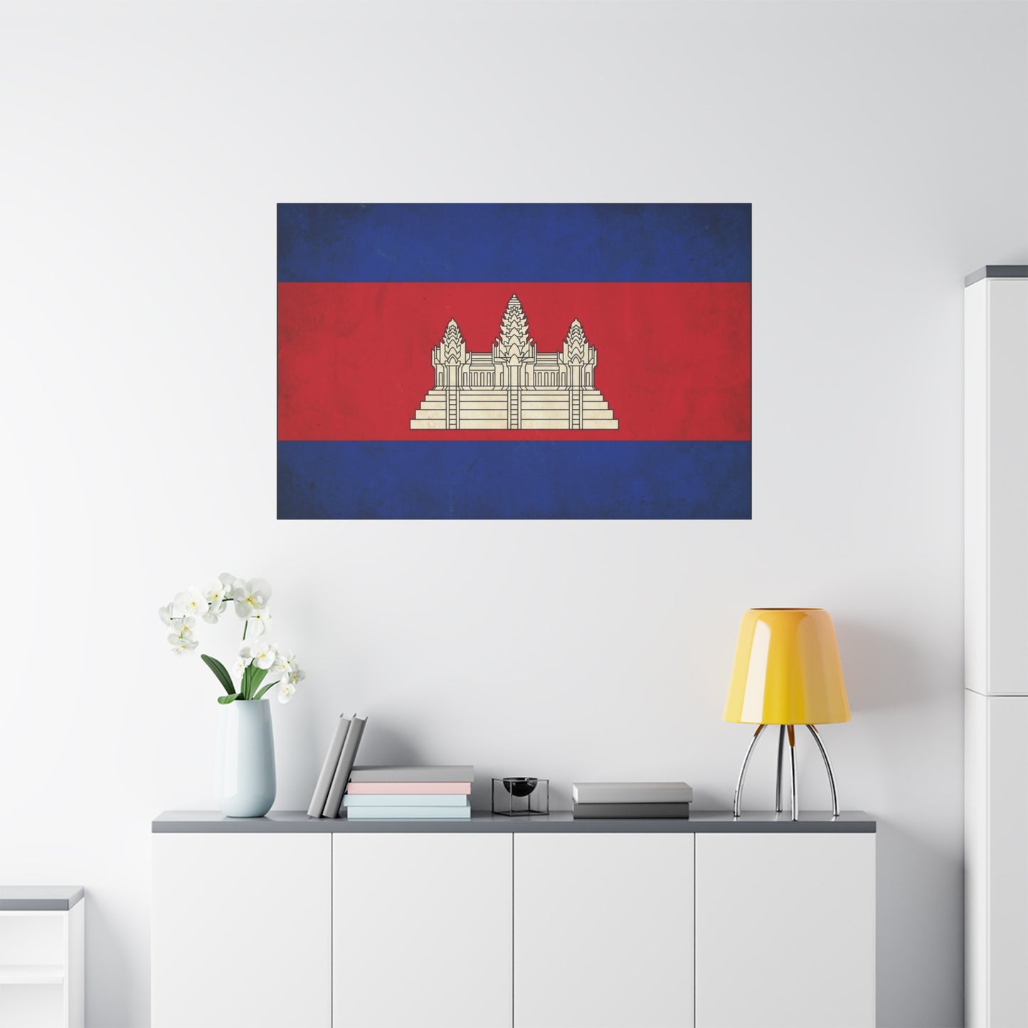 Cambodia Flag Canvas Wall Art - Khmer Temple Emblem Patriotic Print, Vintage National Decor - Textured Red Blue Banner Style - Living Room Wall Decor - Bedroom Home Decoration - Modern Farmhouse Style