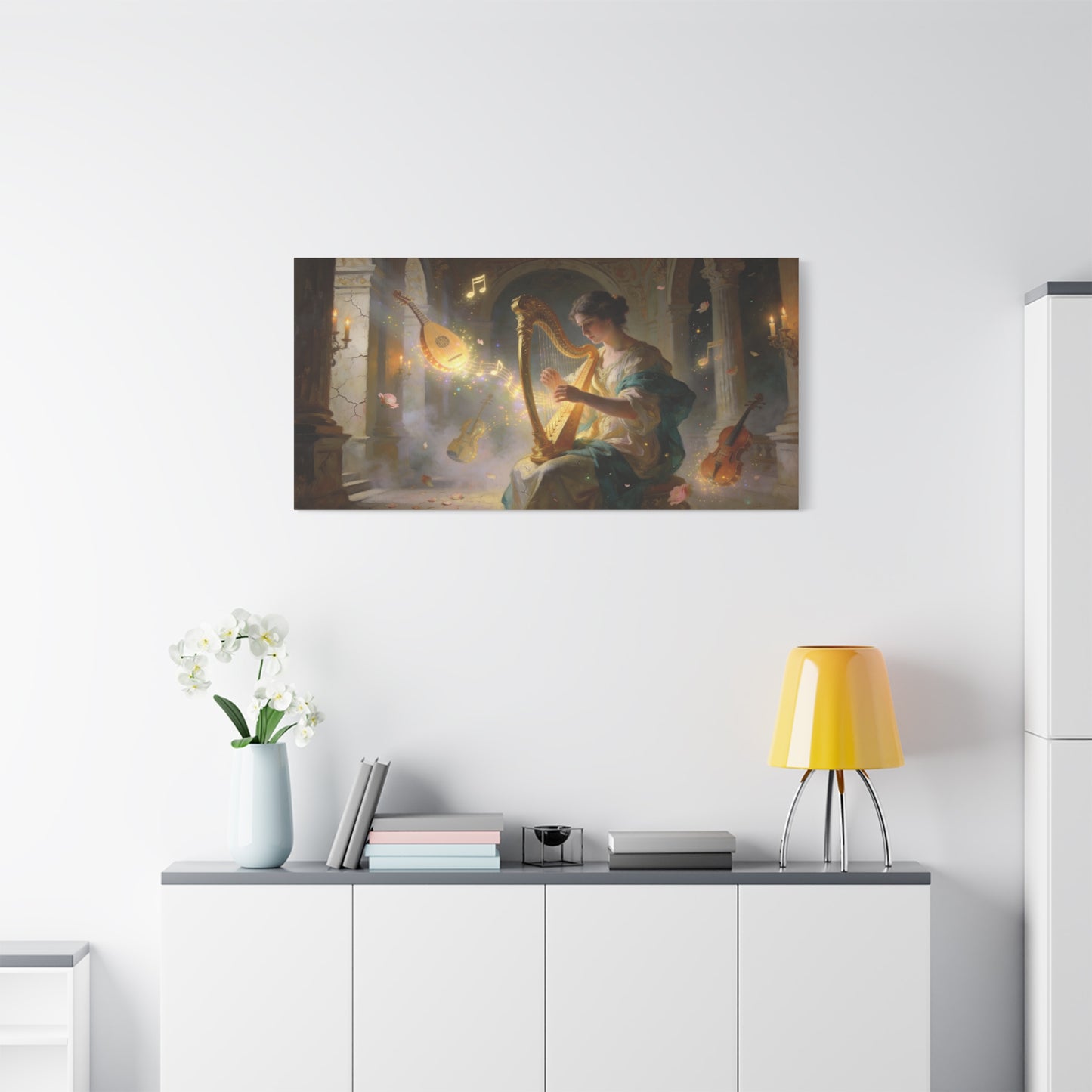 Woman Playing Harp Canvas Wall Art - Romantic Music Painting, Glowing Notes, Violin And Lute - Matte Cotton Print - Traditional Style, Living Room Wall Decor, Bedroom Accent - Bedroom Home Decoration