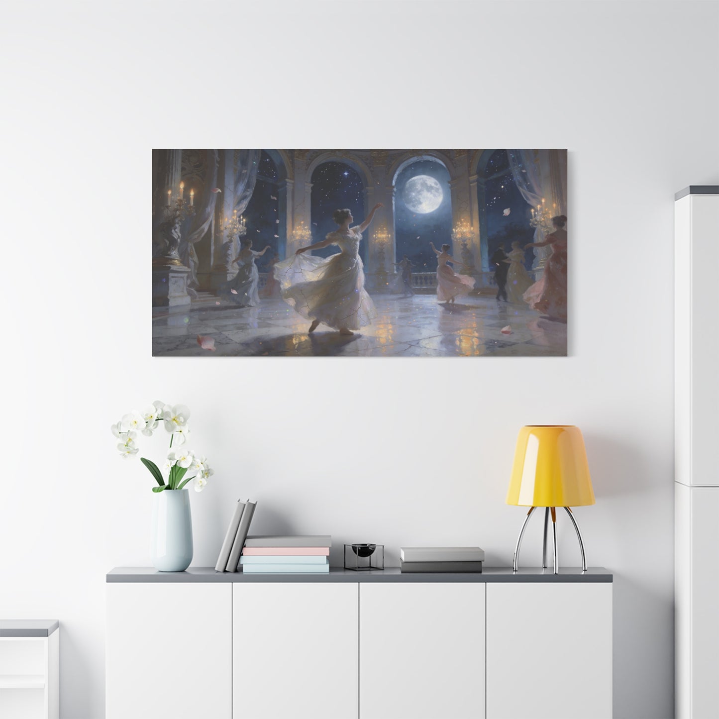 Moonlit Ballroom Dance Canvas Wall Art - Romantic Palace Night Scene, Elegant Dancers, Full Moon Arches - Dreamy Matte Canvas Print - Bedroom Wall Decor, Living Room Accent - Bedroom Home Decoration