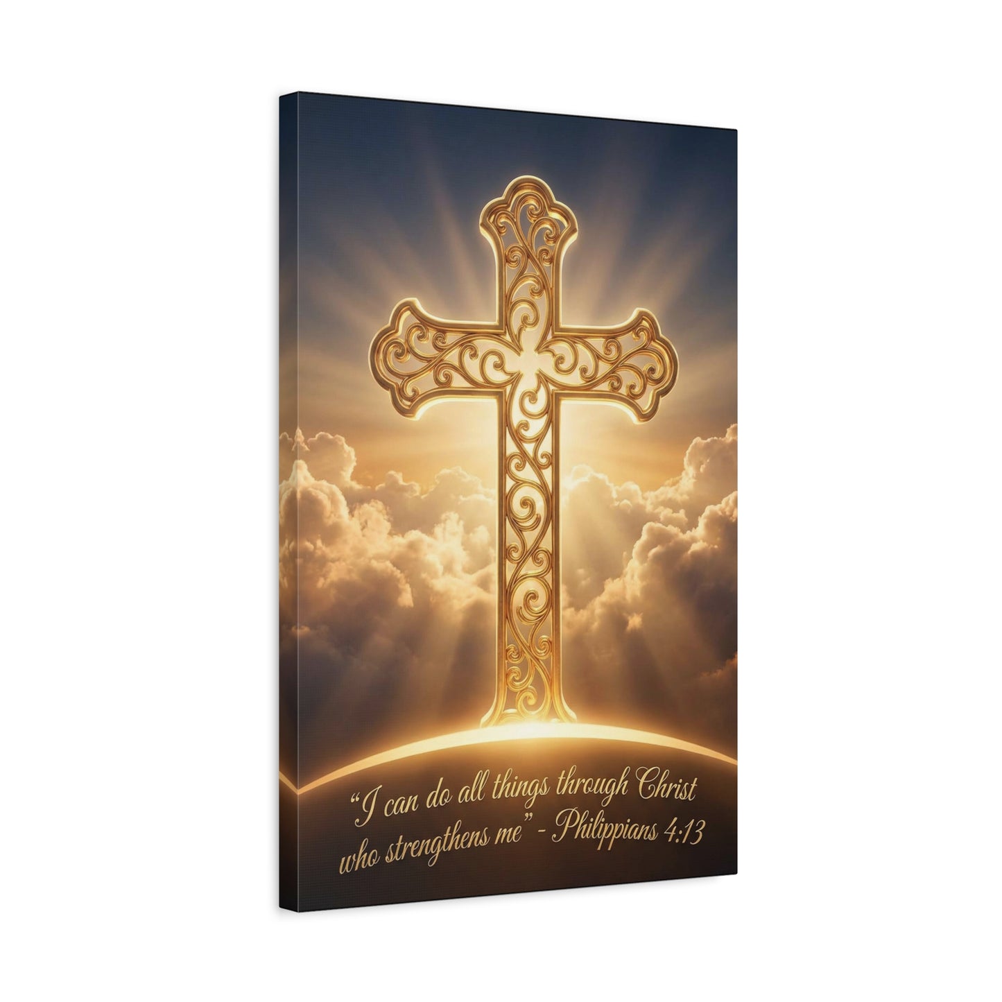 "I Can Do All Things Through Christ Who Strengthens Me" Cross Canvas Wall Art - Philippians 4:13 Scripture Decor, Golden Clouds Christian Wall Hanging, Bedroom Living Room - Bedroom Home Decoration