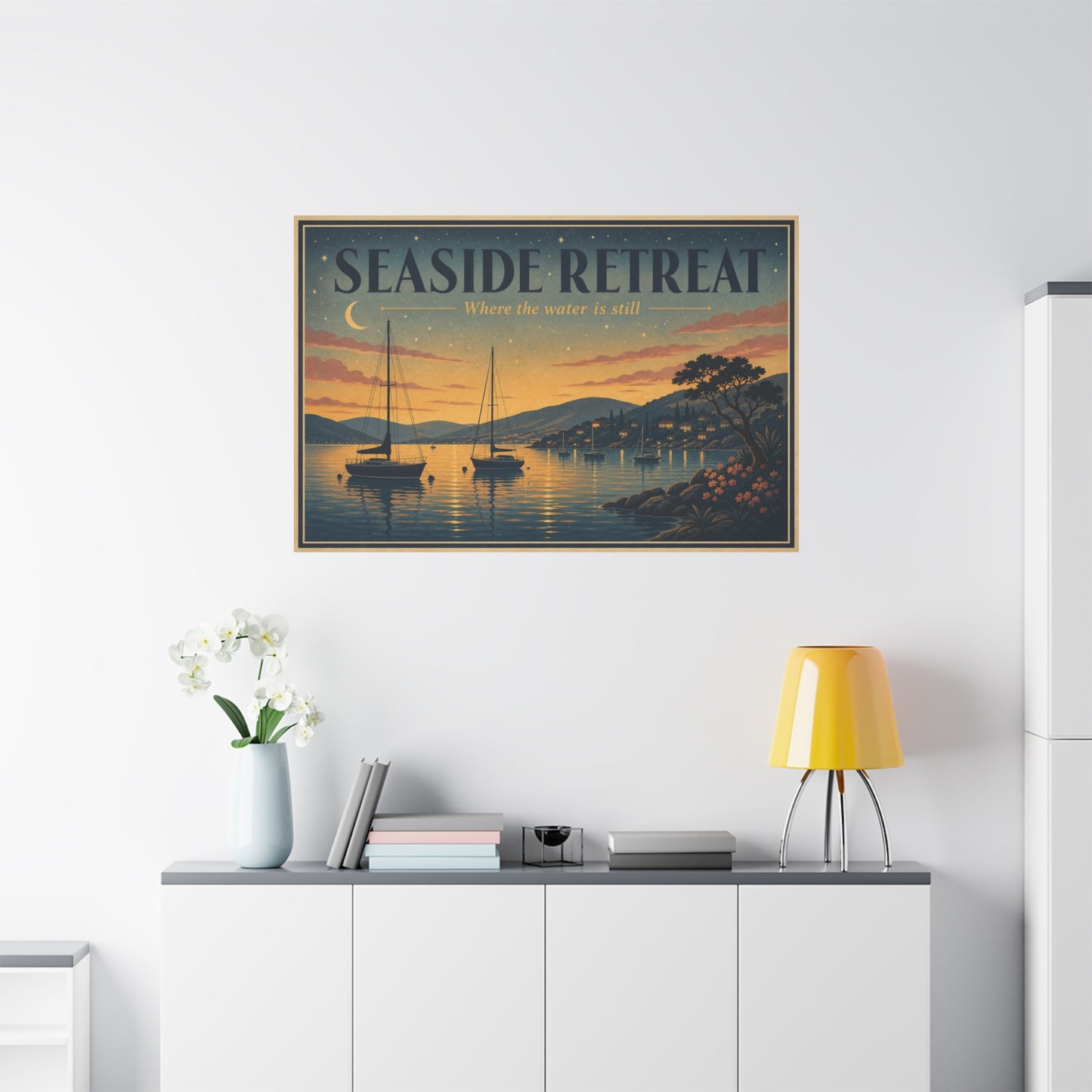 "Seaside Retreat Where The Water Is Still" Coastal Canvas Wall Art - Vintage Sailboat Harbor Sunset Print, Nautical Seascape Decor - Living Room Bedroom Wall Decor - Ready to Hang - Ready to Hang