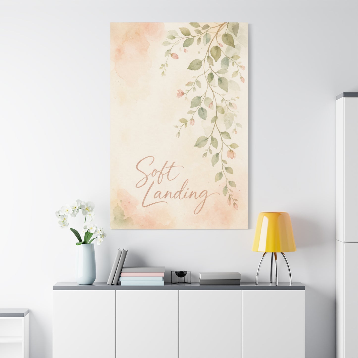 "Soft Landing" Botanical Canvas Wall Art - Watercolor Leaf Branch Quote Print - Blush Sage Floral Typography Decor - Bedroom Wall Hanging - Bedroom Home Decoration - Modern Farmhouse Style