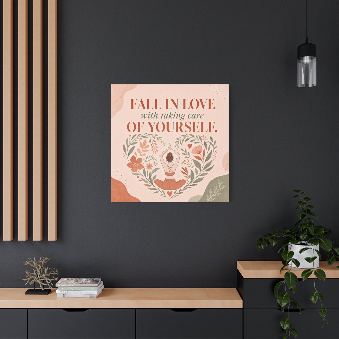 "Fall In Love With Taking Care Of Yourself." Inspirational Canvas Wall Art - Yoga Woman Floral Quote Print - Bohemian Modern Sage Blush Decor - Living Room Wall Decor - Bedroom Home Decoration