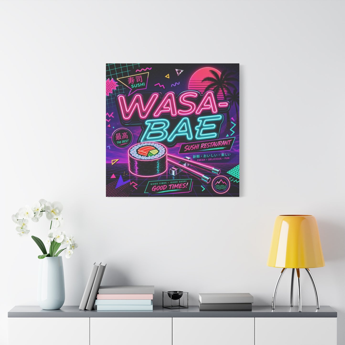 "WASA-BAE" Sushi Canvas Print - Neon Japanese Restaurant Sign, Retro Vaporwave Illustration - Matte Cotton Decor, Cafe Wall Accent, Dining Space Artwork, Lounge Interior Style - Office Wall Art