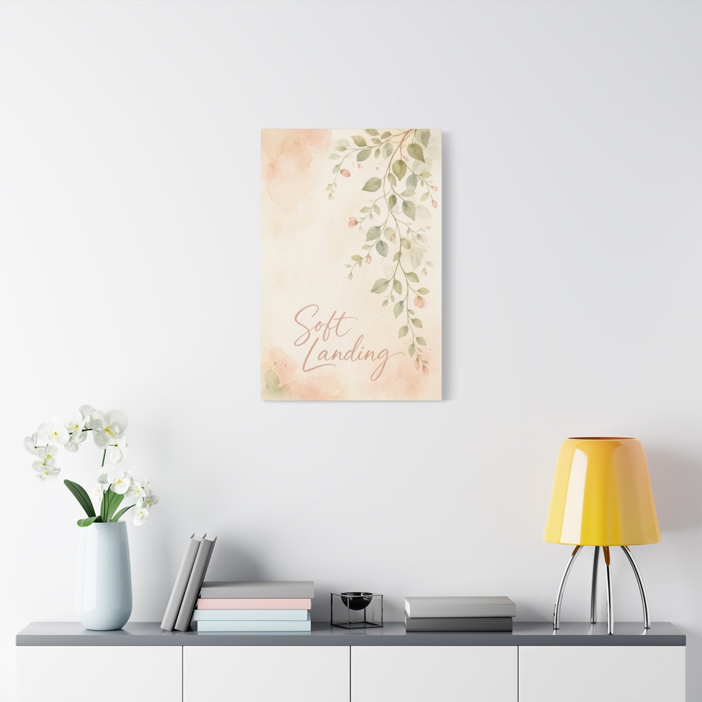 "Soft Landing" Botanical Canvas Wall Art - Watercolor Leaf Branch Quote Print - Blush Sage Floral Typography Decor - Bedroom Wall Hanging - Bedroom Home Decoration - Modern Farmhouse Style
