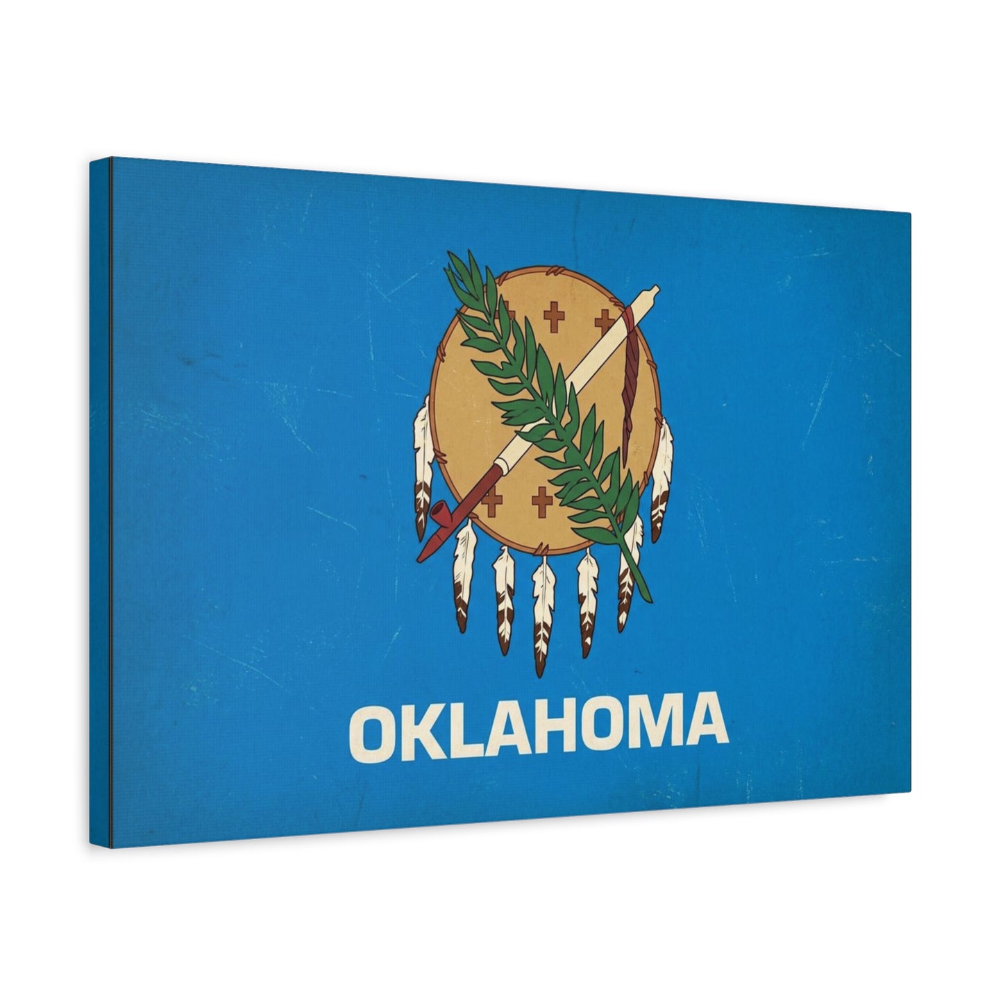 "OKLAHOMA" State Flag Canvas Wall Art - Vintage Blue Shield, Olive Branch And Peace Pipe Print - Rustic Americana Style - Living Room Decor, Office Wall Accent - Ready to Hang - Modern Farmhouse Style