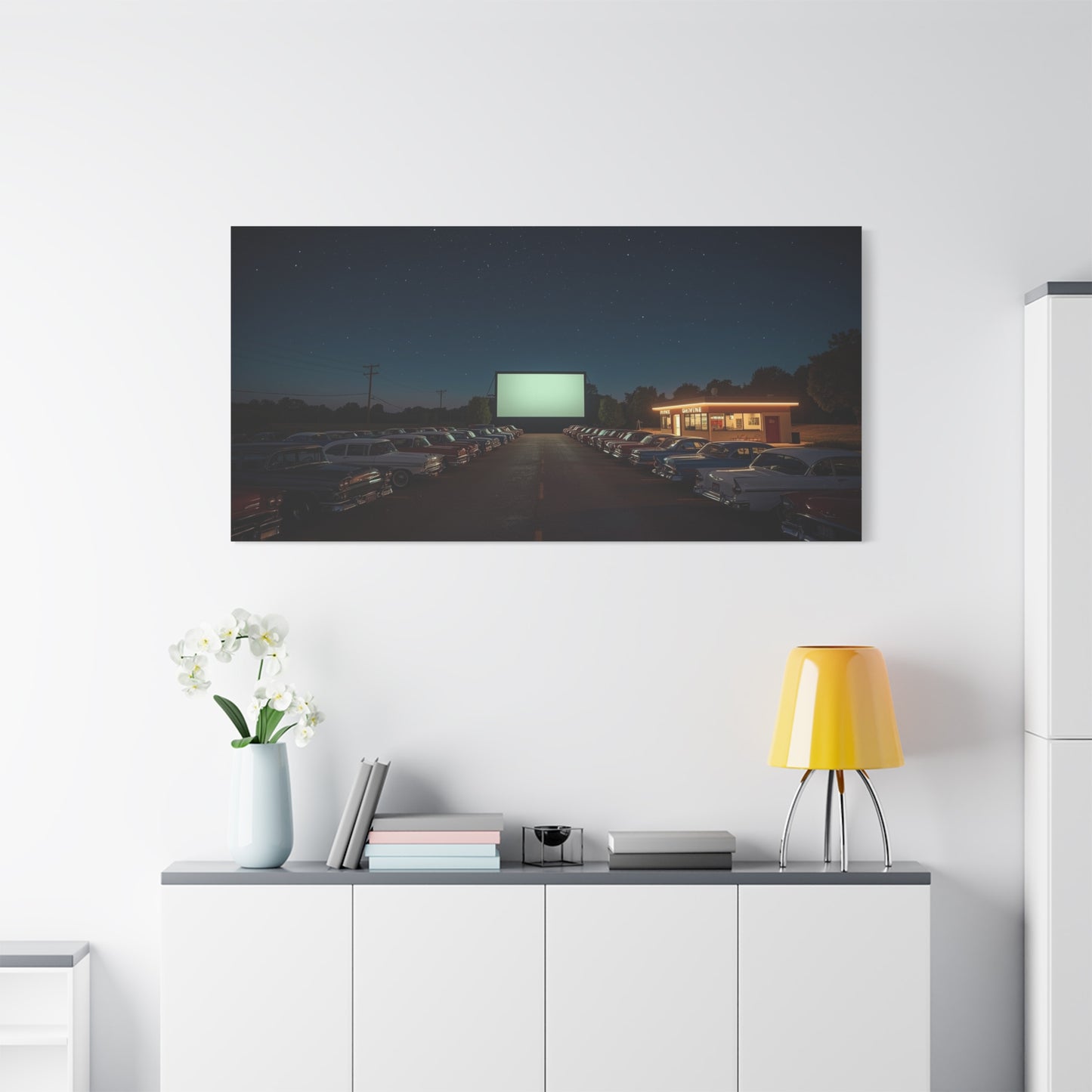 Vintage Drive-In Theater Canvas Wall Art - Starry Night Cinema Parking Lot, Retro Americana Art Print - Moody Contemporary Style - Living Room Wall Decor, Office Art - Bedroom Home Decoration