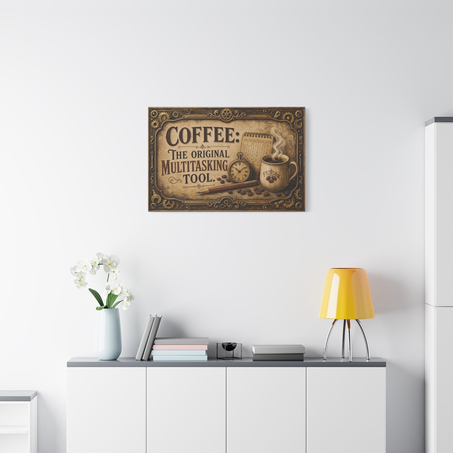 "Coffee: The Original Multitasking Tool." Canvas Wall Art - Vintage Coffee Cup Quote Print, Rustic Wall Decor, Steampunk Style, Cafe Accent - Ready to Hang - Bistro Decor - Espresso Bar Sign