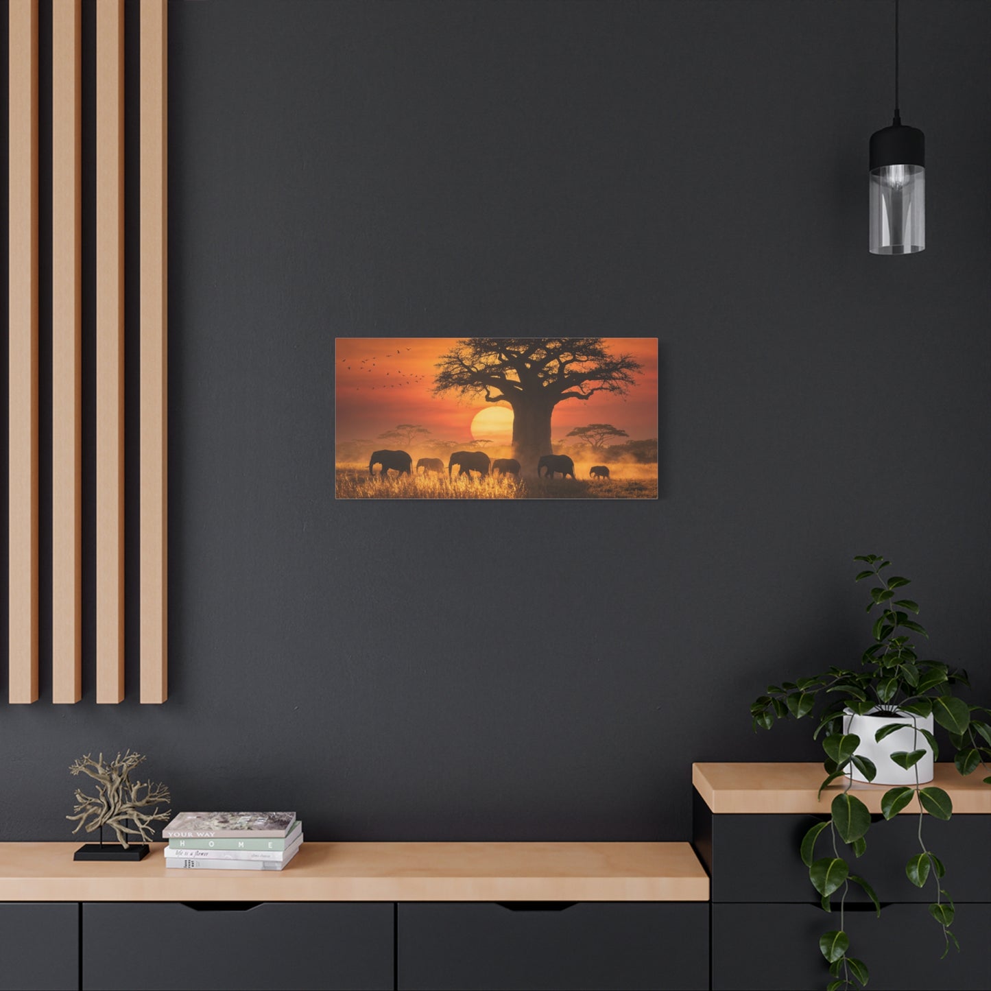 African Elephant Sunset Canvas Wall Art - Baobab Tree Safari Scene, Golden Savanna Wildlife Print - Matte Cotton Canvas, Rustic Contemporary Style - Living Room Wall Decor - Bedroom Home Decoration