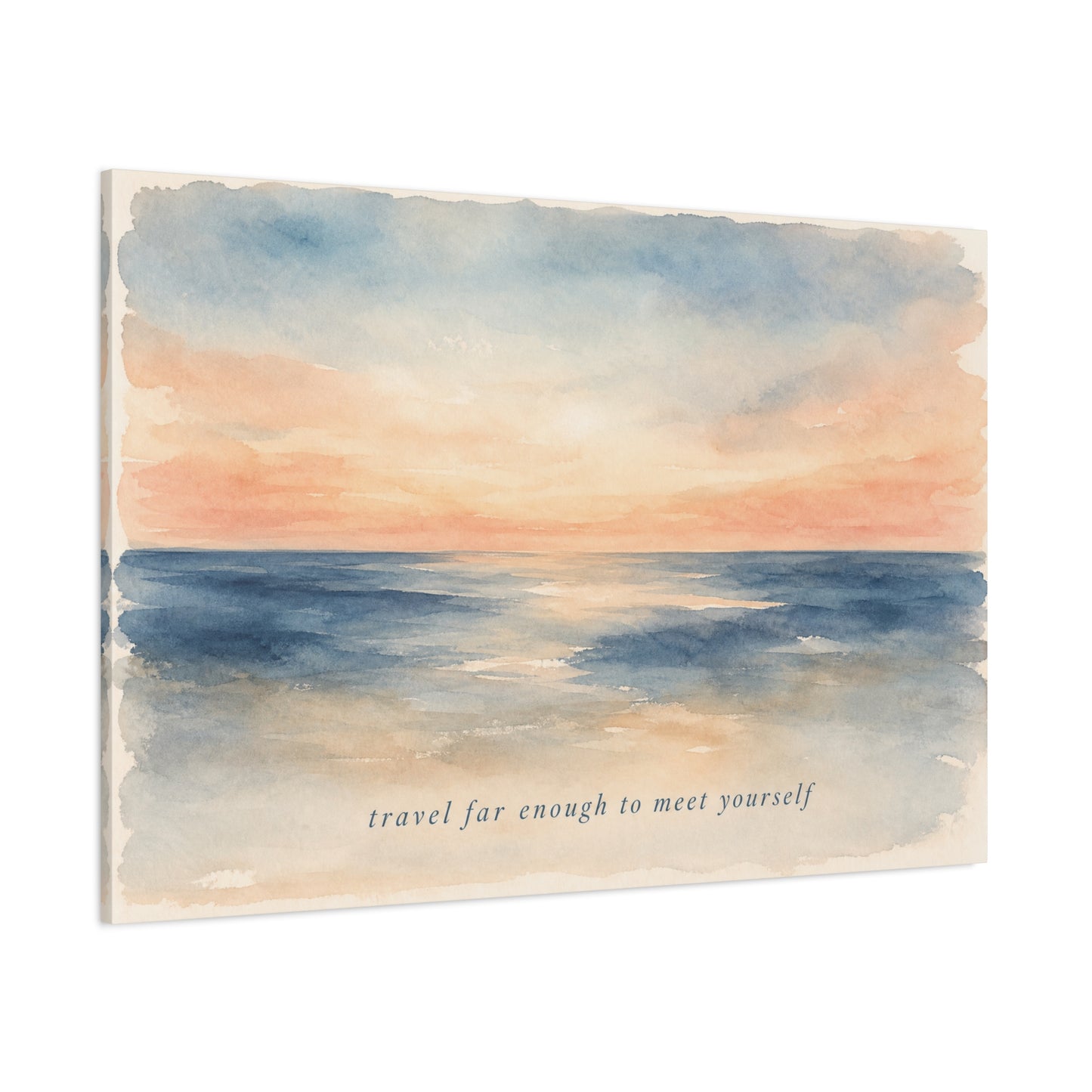 "Travel Far Enough To Meet Yourself" Coastal Canvas Wall Art - Watercolor Ocean Sunset Quote Print - Serene Beach Seascape Decor - Bedroom Living Room Wall Decor - Bedroom Home Decoration