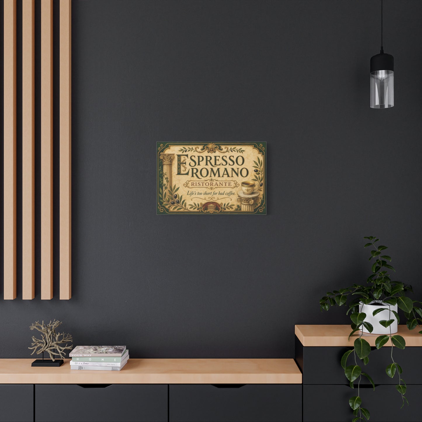"Espresso Romano" Canvas Wall Art - "Life's Too Short For Bad Coffee." Vintage Italian Cafe Decor, Olive Branches, Roman Columns, Espresso Cup - Coffee Shop Decor - Cafe Wall Art - Ready to Hang
