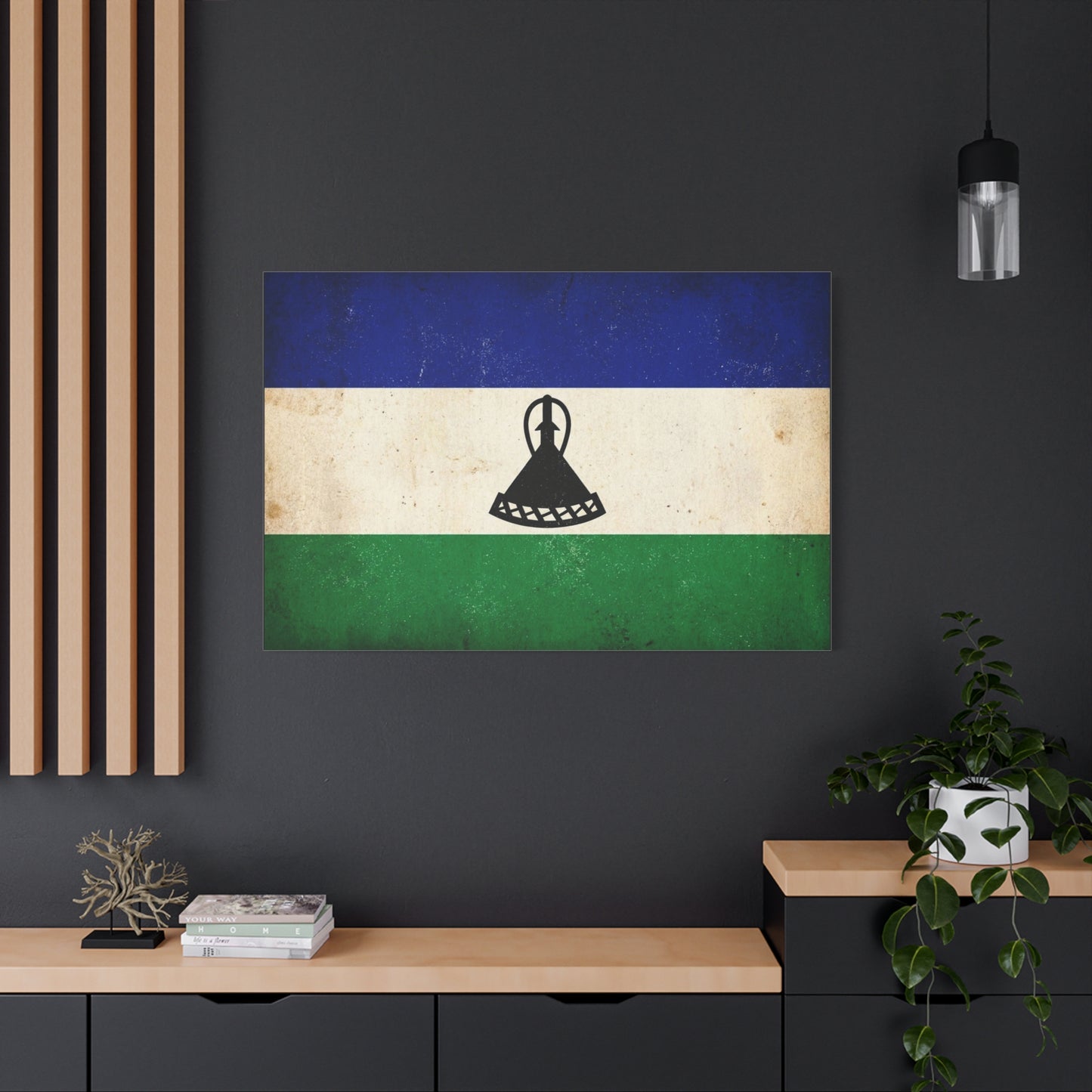 Lesotho Flag Canvas Wall Art - Vintage Blue White Green Tricolor With Basotho Hat Emblem, Distressed National Banner Print - Rustic Patriotic Decor For Living Room Bedroom Office - Office Wall Art