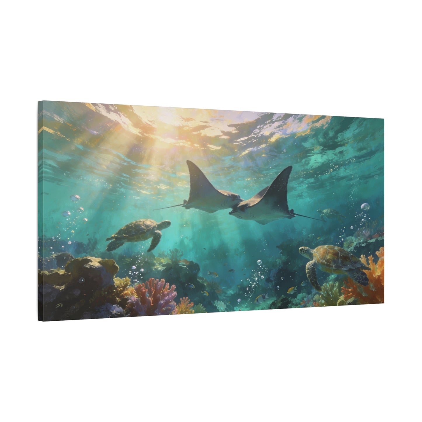 Manta Ray And Sea Turtle Canvas Wall Art - Underwater Ocean Reef Scene, Coastal Wall Decor - Matte Cotton Canvas Print - Contemporary Seascape Style - Living Room Bedroom Office - Ready to Hang