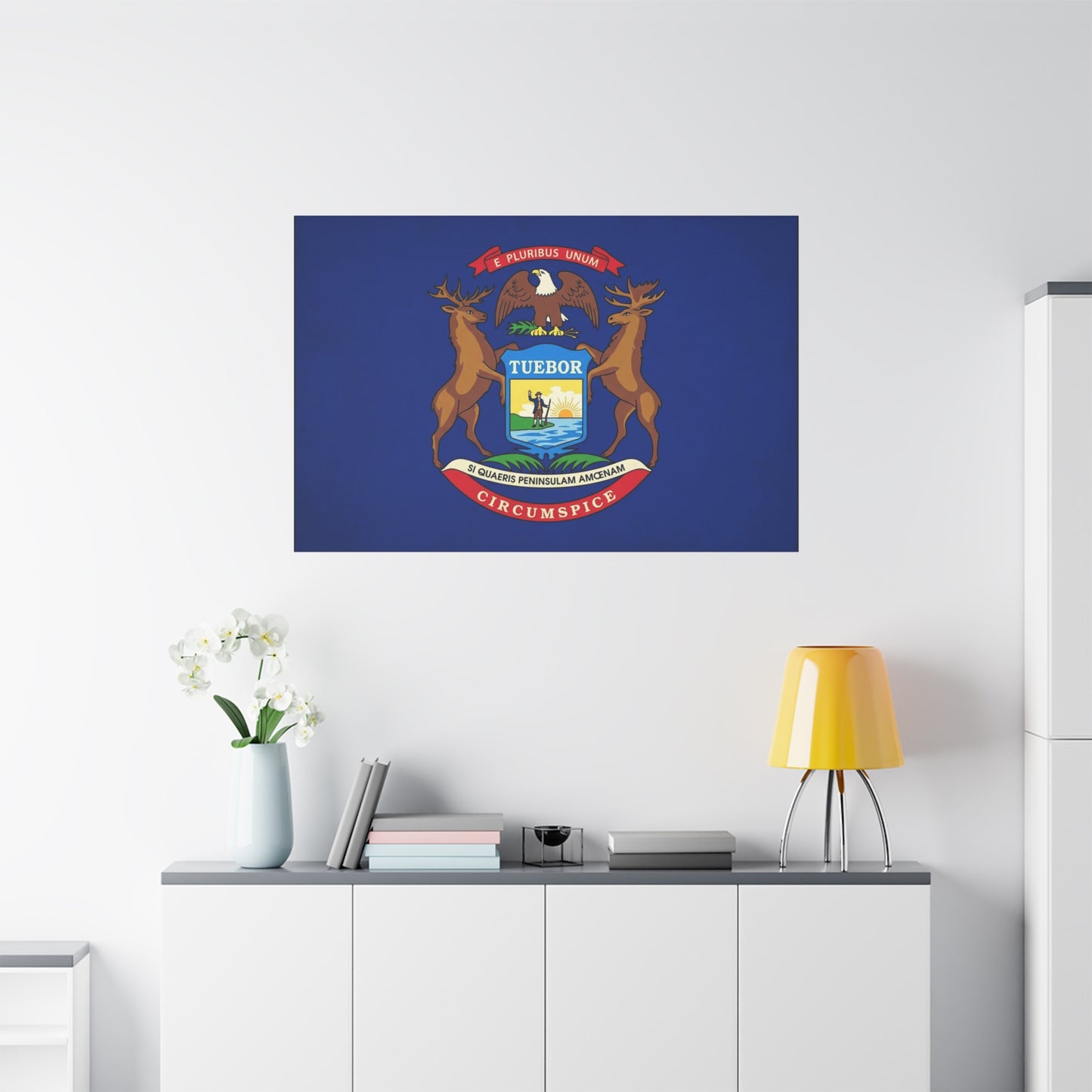 "E Pluribus Unum" Michigan State Flag Canvas Wall Art - Blue Crest With Elk Eagle And "Tuebor" - Vintage Heraldic Decor, Living Room Wall Decor, Office Art - Bedroom Home Decoration - Ready to Hang