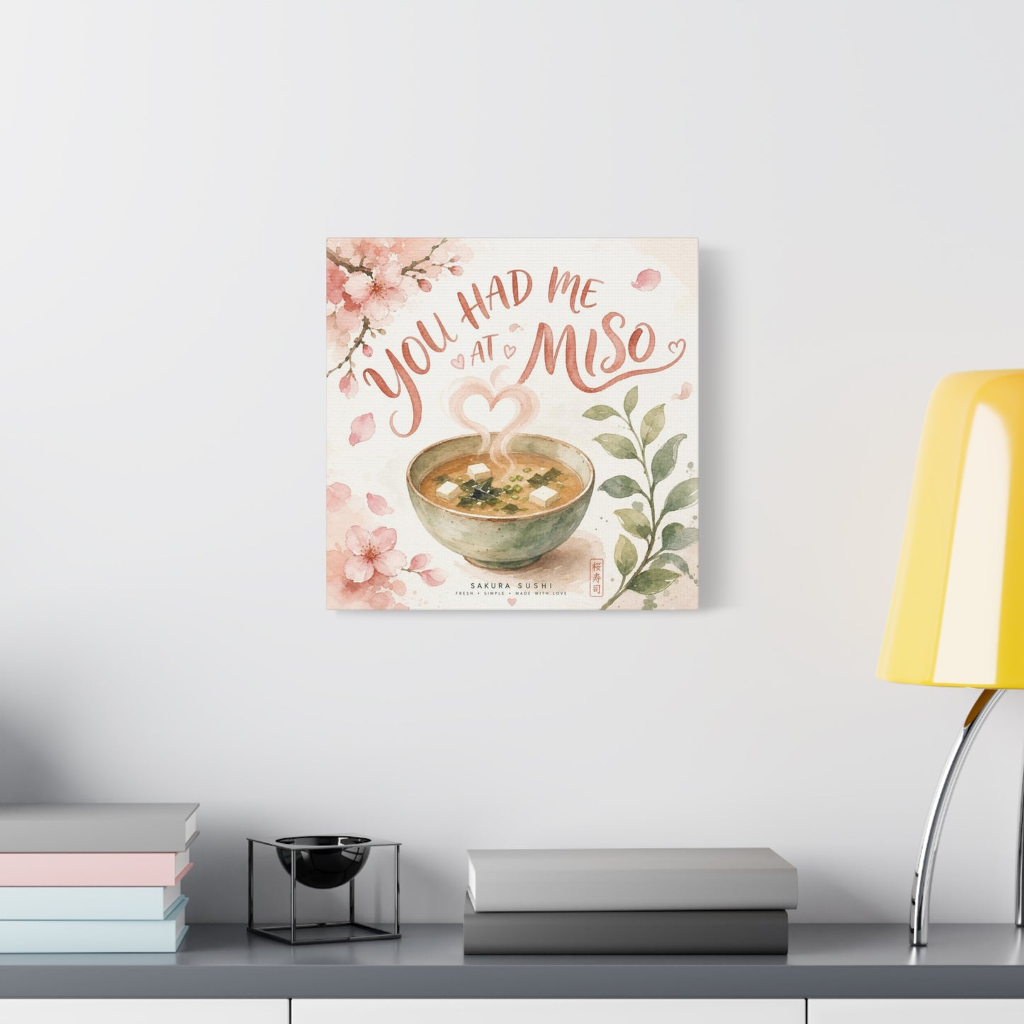 "You Had Me At Miso" Canvas Wall Art - Watercolor Soup Bowl, Cherry Blossom Typography - Japanese Food Illustration, Pink Botanical Style - Kitchen Wall Decor, Dining Room Accent - Ready to Hang
