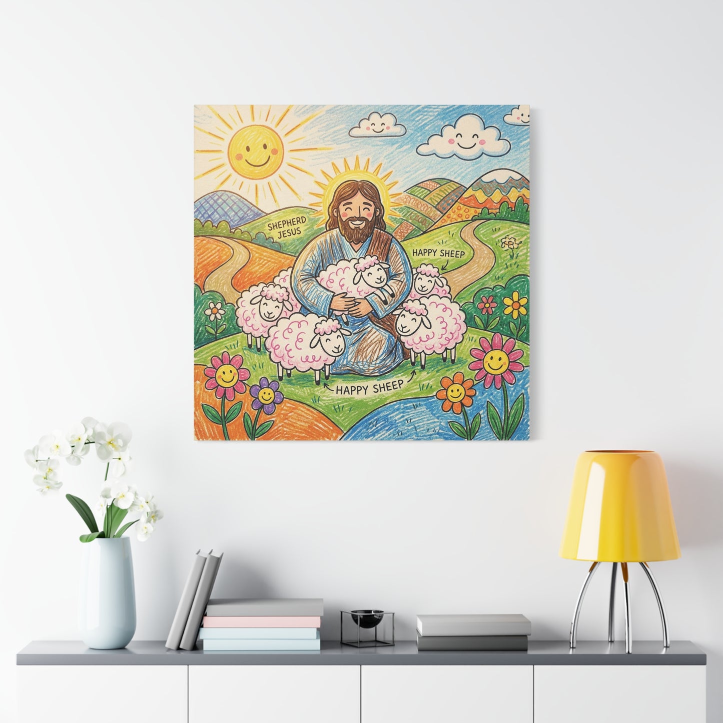 "Shepherd Jesus" "Happy Sheep" Jesus Canvas Wall Art - Christian Kids Nursery Decor, Colorful Religious Print - Matte Cotton Canvas - Playroom Bedroom Classroom Decoration - Living Room Wall Decor