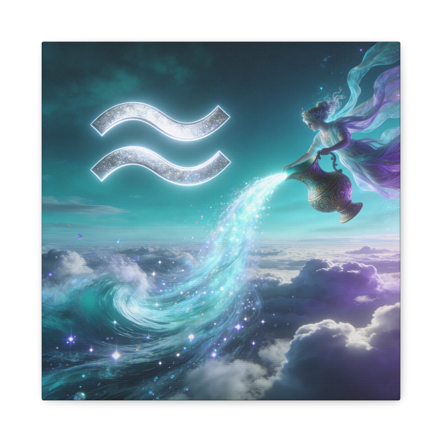 Aquarius Zodiac Canvas Wall Art - Celestial Water Bearer Fantasy Illustration, Matte Canvas Print - Mystical Blue Purple Decor, Bedroom Home Decoration, Office Wall Art - Bedroom Home Decoration