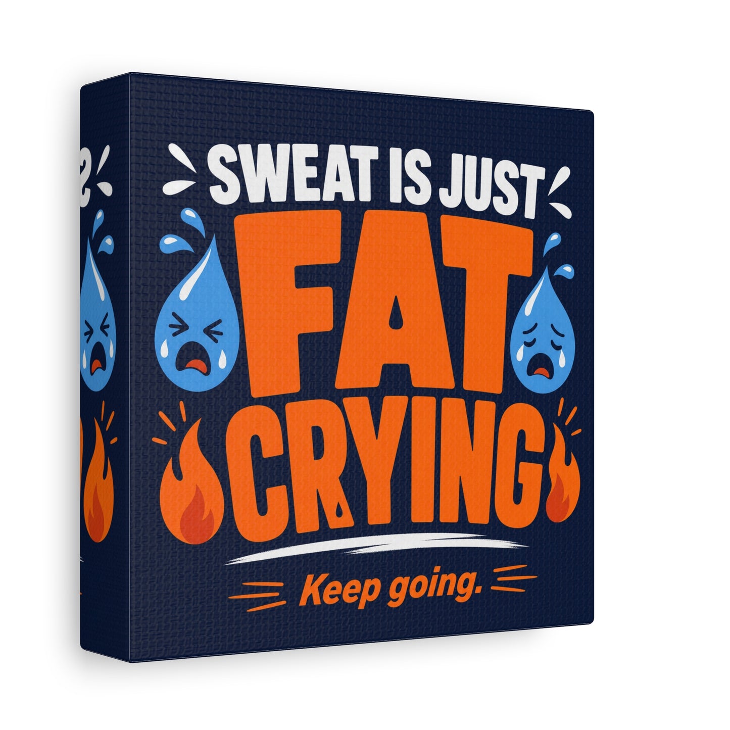 "Sweat Is Just Fat Crying Keep Going" Typography Canvas Wall Art - Funny Gym Motivation Quote Print, Navy Orange Blue Workout Decor - Modern Home Office Wall Decor - Ready to Hang - Ready to Hang