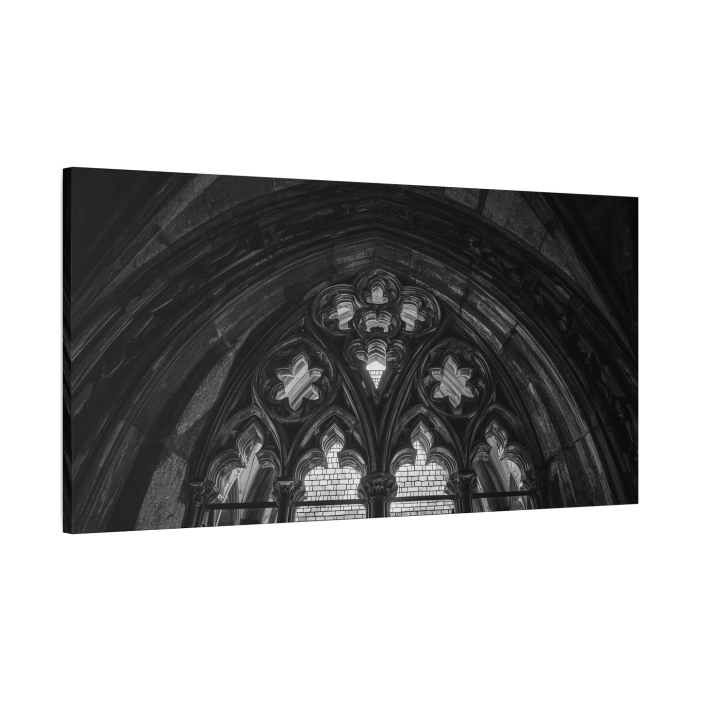 Gothic Cathedral Arch Canvas Wall Art - Black And White Architectural Art Print - Moody Stone Tracery, Matte Finish - Living Room Wall Decor, Office Art Accent - Bedroom Home Decoration