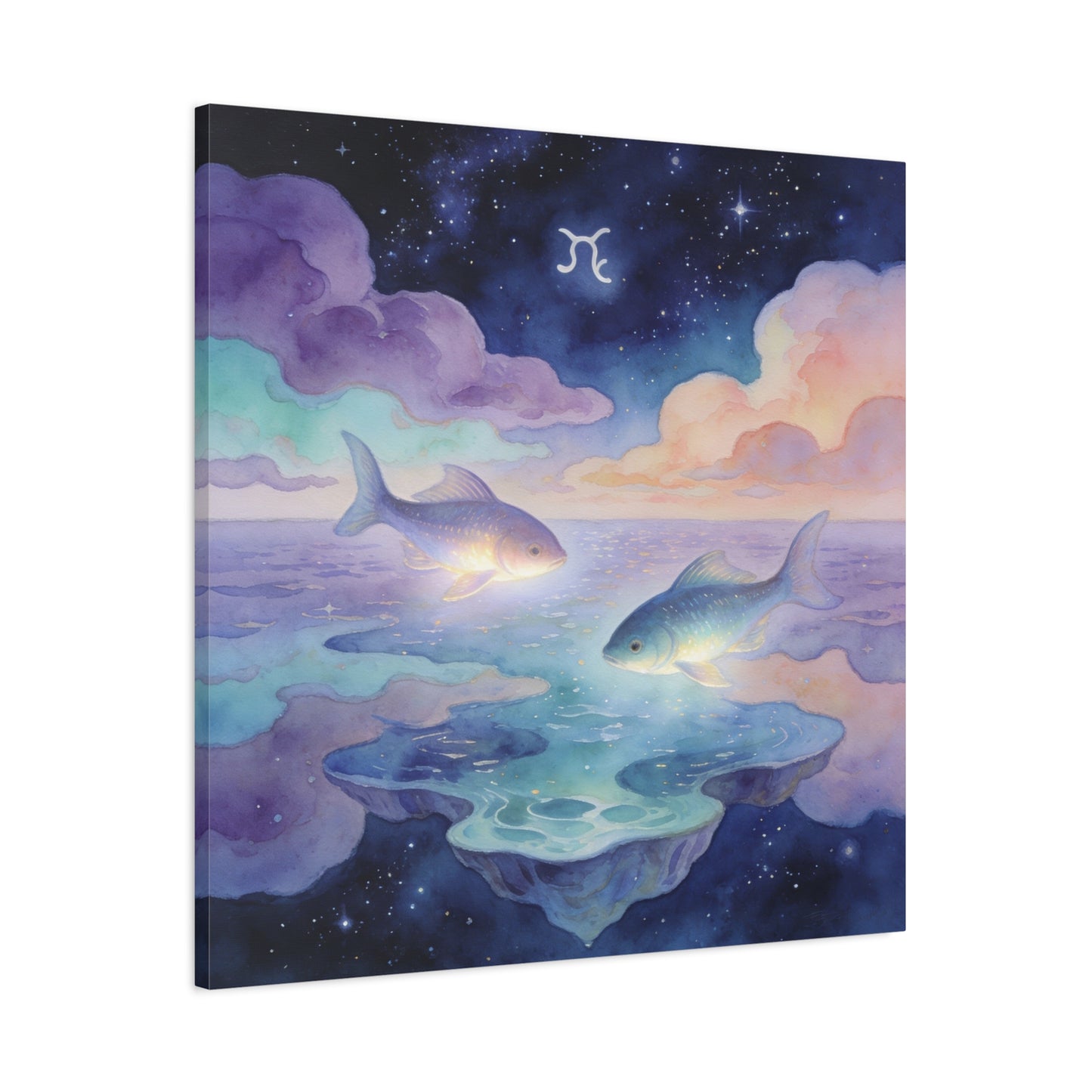 Pisces Zodiac Canvas Wall Art - Celestial Fish Over Dreamlike Sea, Watercolor Illustration - Mystical Night Sky, Matte Canvas Print - Bedroom Wall Decor, Meditation Space Accent - Ready to Hang