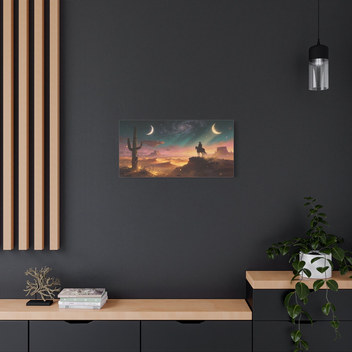 Surreal Desert Cowboy Canvas Wall Art - Crescent Moons, Galaxy Sky, Saguaro Silhouette - Matte Cotton Art Print - Contemporary Western Style, Living Room Wall Decor, Office Accent - Ready to Hang