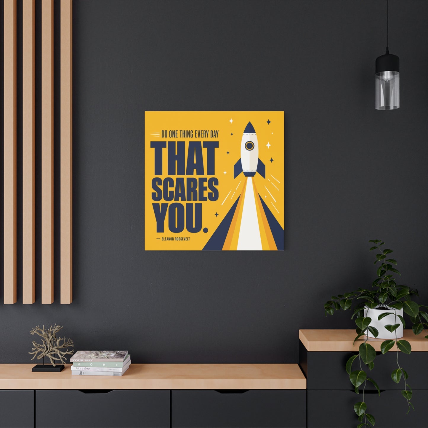 "Do One Thing Every Day That Scares You." Rocket Canvas Wall Art - Motivational Typography Space Decor - Modern Yellow Quote Print - Kids Bedroom Wall Decor, Playroom Home Decoration - Ready to Hang