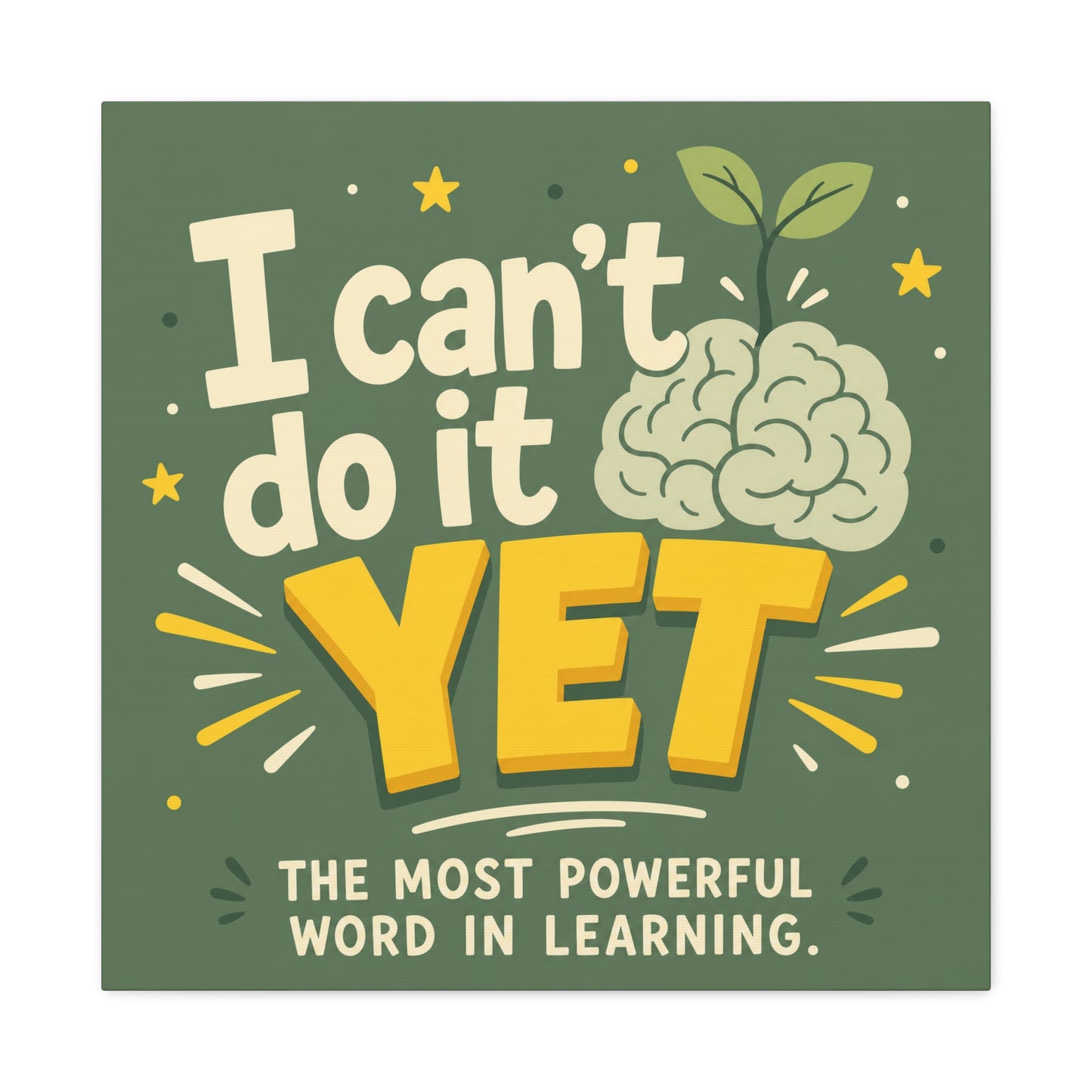 "I Can't Do It Yet" Motivational Canvas Wall Art - Growth Mindset Quote Print, Classroom Decor, Green Typography Poster, Teacher Office Wall Decor, Kids Study Room Decoration - Bedroom Home Decoration