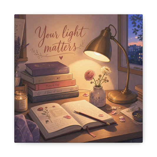"Your Light Matters" Inspirational Canvas Wall Art - Cozy Desk Lamp Books Floral Print - Warm Vintage Bedroom Wall Decor - Reading Nook Home Decoration - Ready to Hang - Bedroom Home Decoration