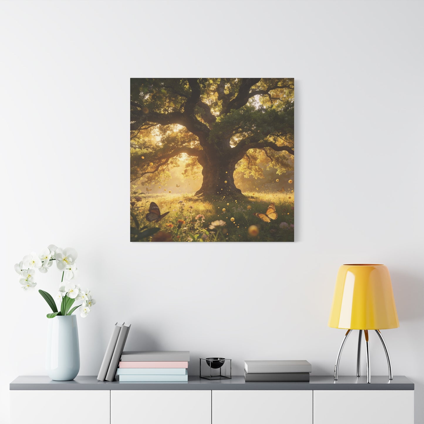 Sunlit Oak Tree Canvas Wall Art - Golden Meadow Butterflies, Nature Landscape Print - Matte Cotton Art Print, Traditional Style - Living Room Wall Decor, Bedroom Home Decoration - Ready to Hang