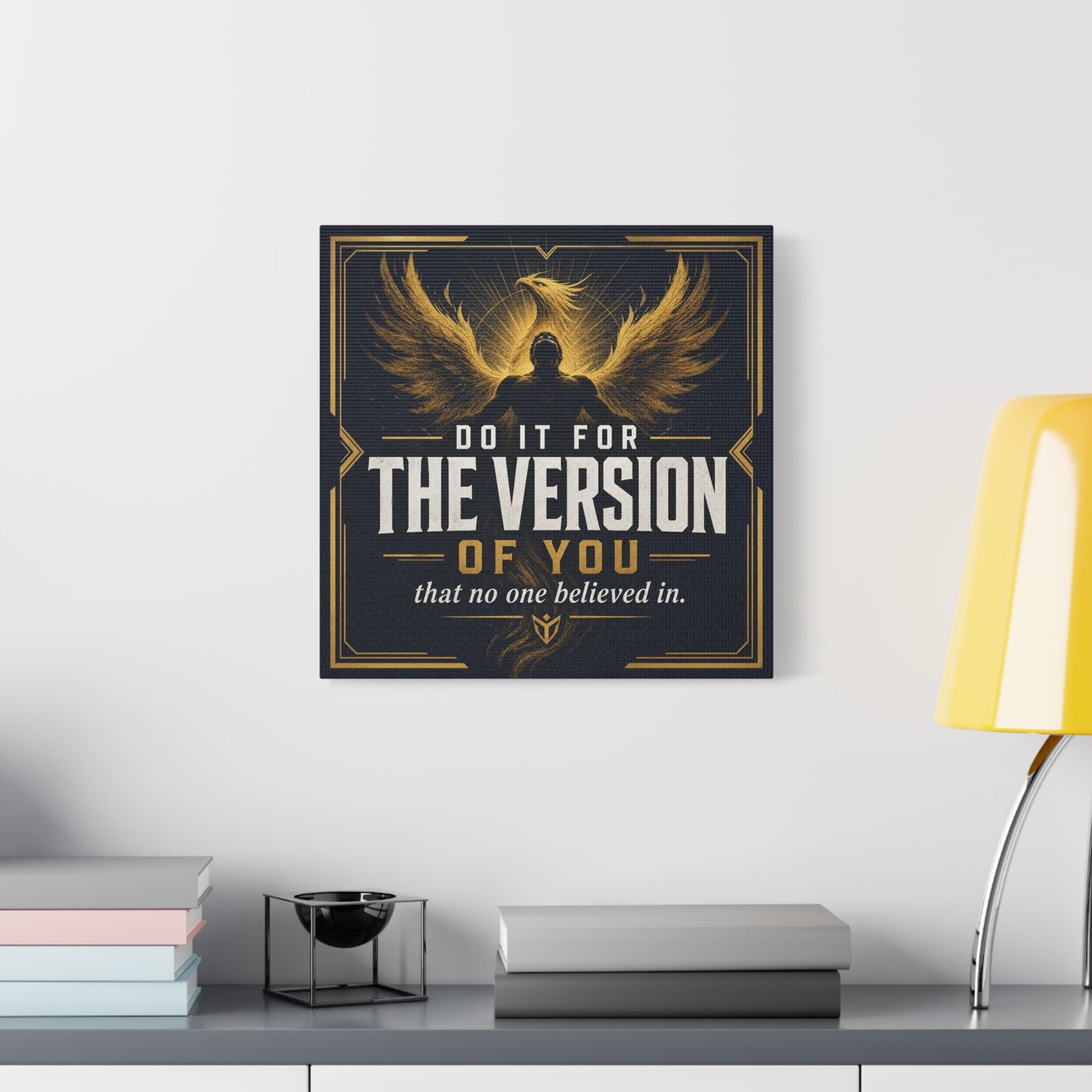 "Do It For The Version Of You That No One Believed In" Inspirational Canvas Wall Art - Phoenix Wings Motivational Quote Print - Black Gold Typography Decor For Office Bedroom - Living Room Wall Decor
