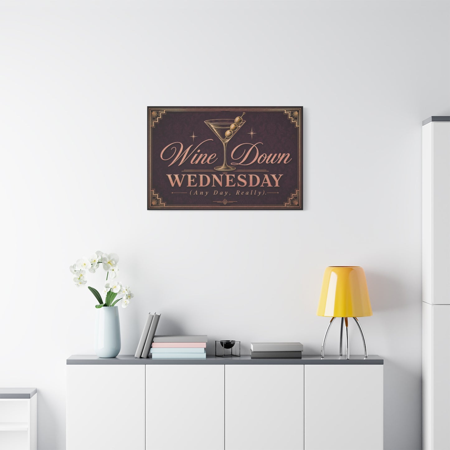 "Wine Down Wednesday (Any Day, Really)." Martini Canvas Wall Art - Vintage Cocktail Typography Decor - Art Deco Style, Matte Canvas Print - Bar Cart Wall Decor - Ready to Hang - Ready to Hang