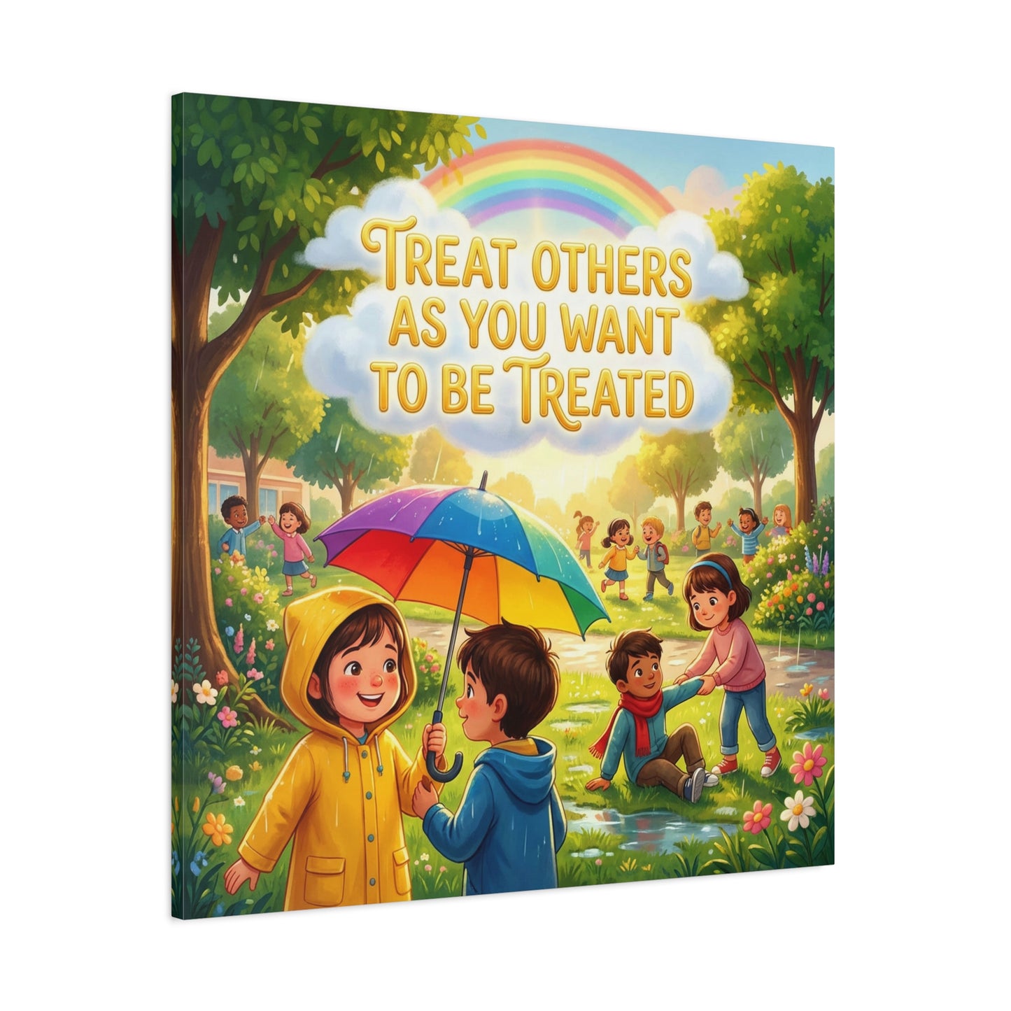 "Treat Others As You Want To Be Treated" Kids Canvas Wall Art - Rainbow Umbrella Kindness Quote Print - Colorful Classroom Decor - Nursery Playroom Bedroom Home Decoration - Bohemian Wall Hanging