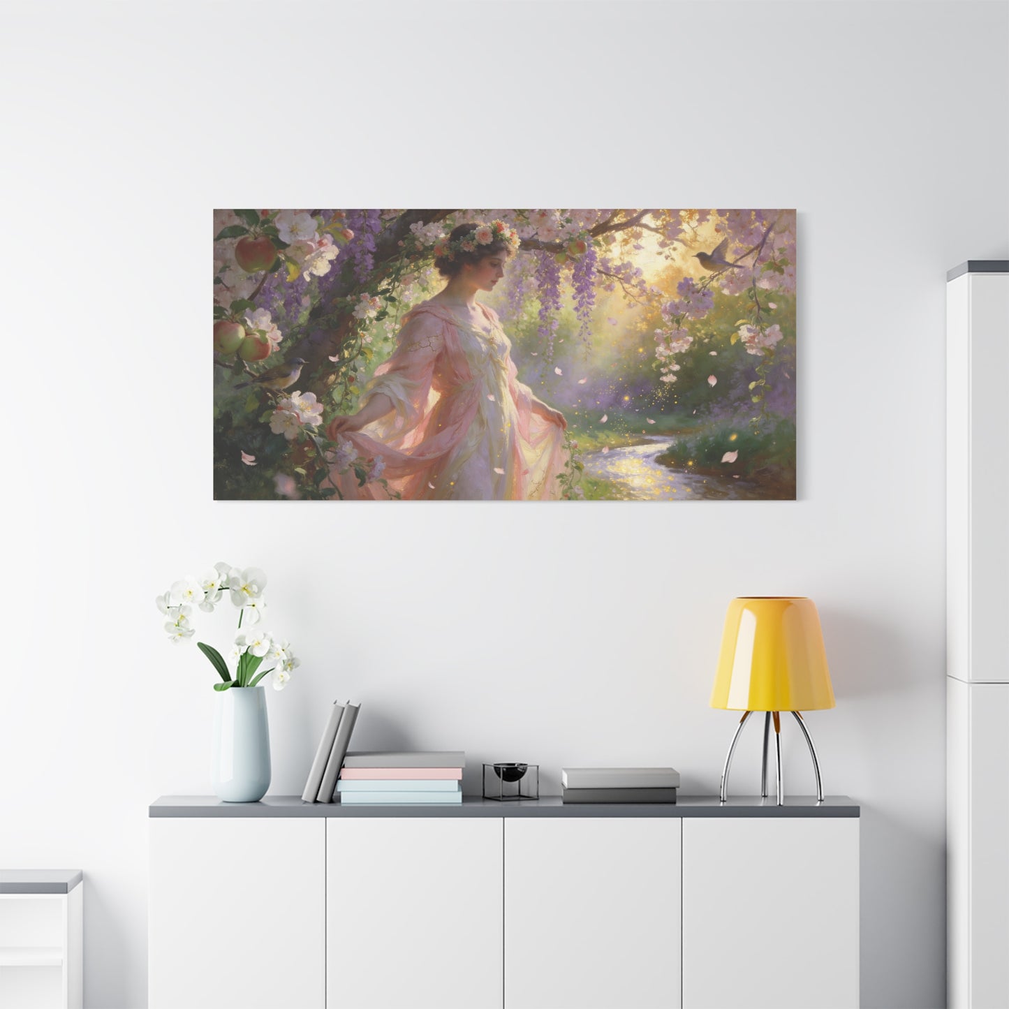 Romantic Garden Maiden Canvas Wall Art - Floral Orchard Figure, Wisteria Blossoms, Songbirds - Impressionist Cotton Canvas Print - Vintage Style Living Room Wall Decor Bedroom Accent - Ready to Hang